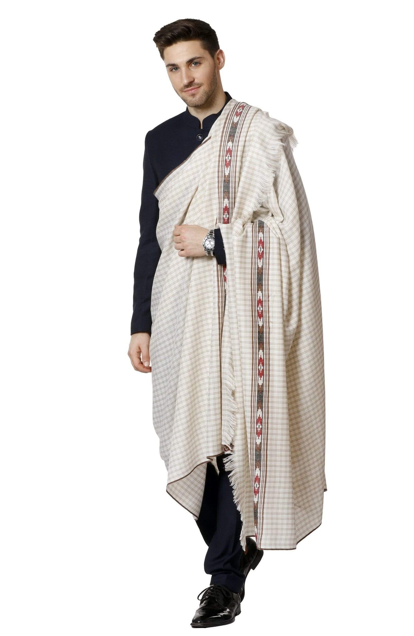 Pashtush India 127x254 Pashtush Mens Kullu Weave Shawl with Checkered Weave, White