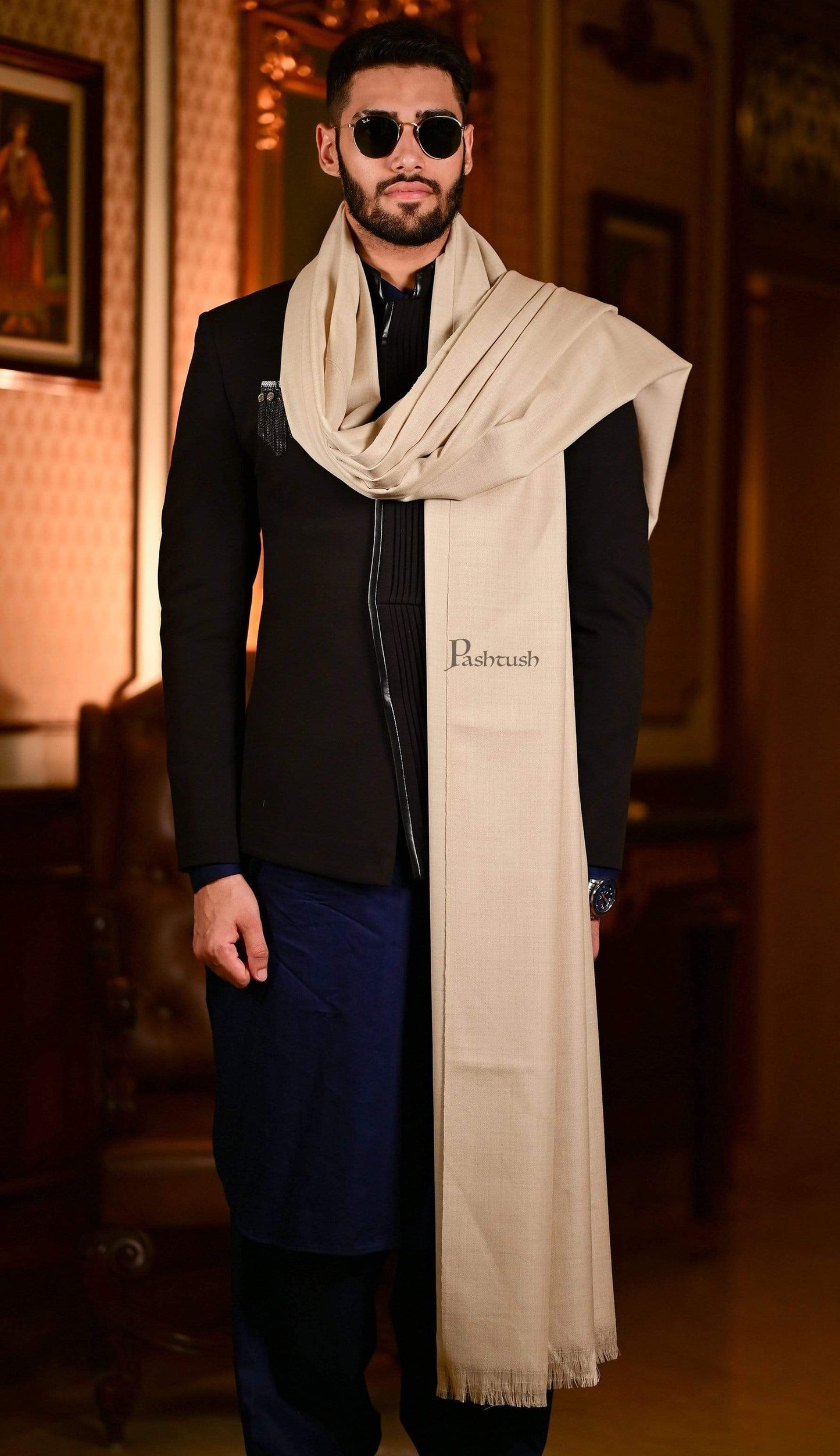 Pashtush India 127x254 Pashtush Mens Ladakhi Pure Wool Full Size Shawl, Fine Count-Thick Weave. (WoolMark Certified)