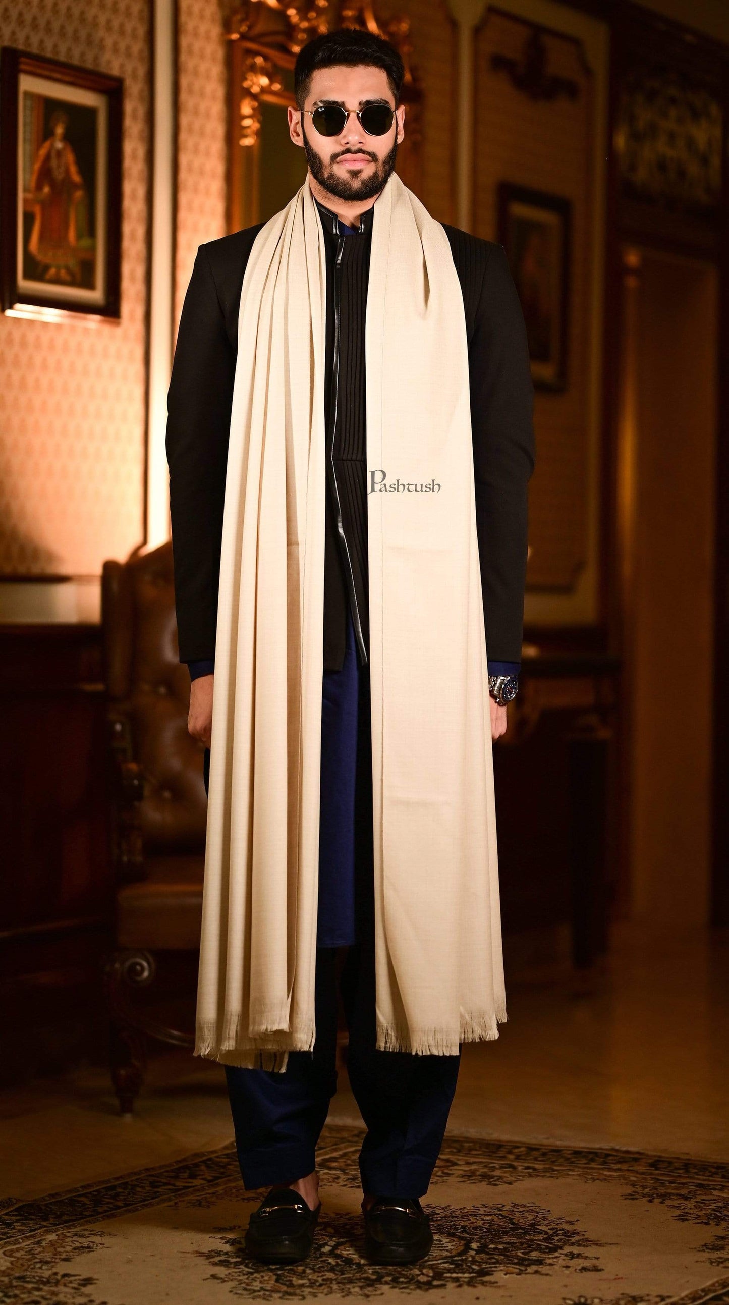Pashtush India 127x254 Pashtush Mens Ladakhi Pure Wool Full Size Shawl, Fine Count-Thick Weave. (WoolMark Certified)