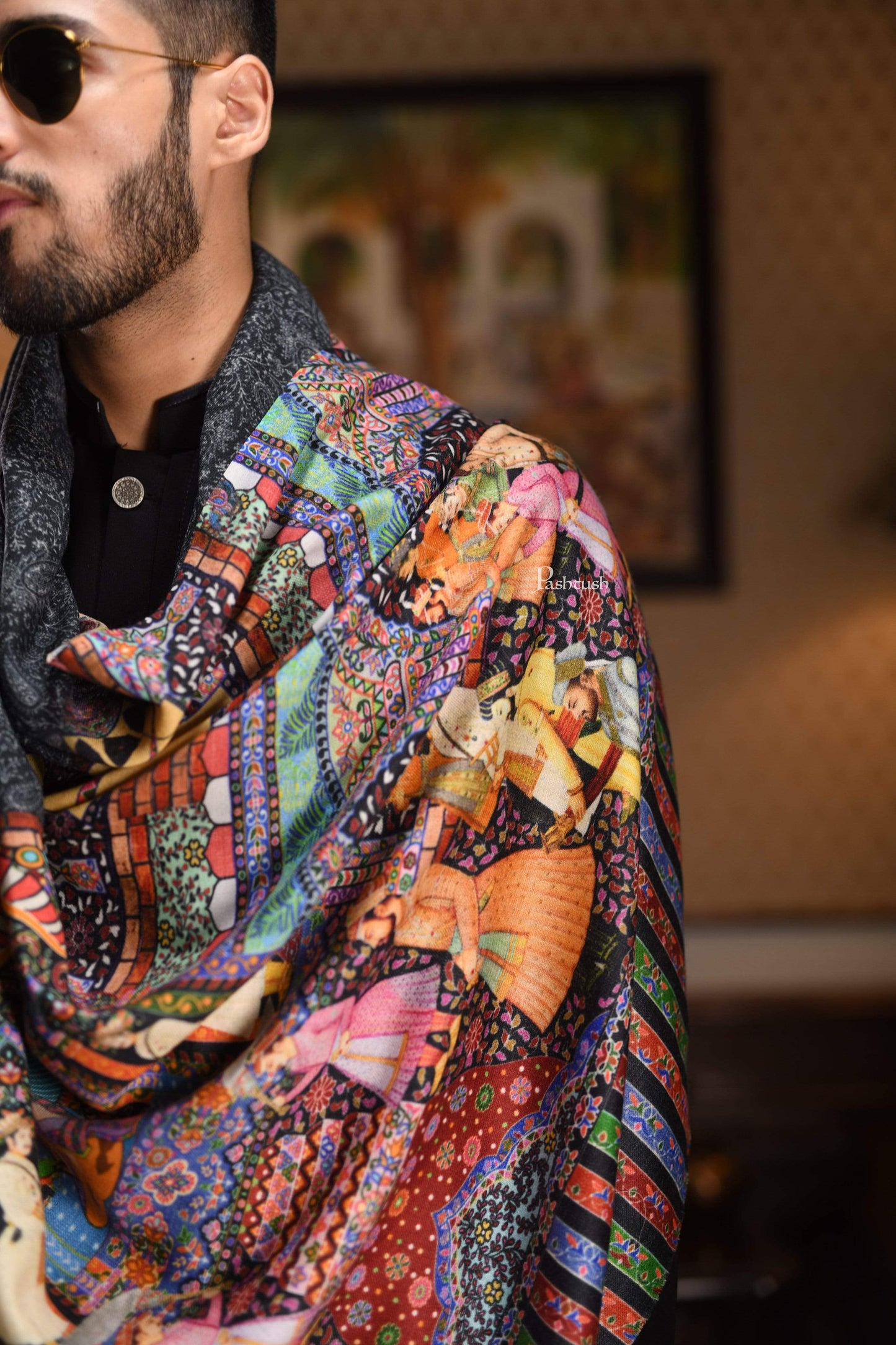 Pashtush India 114x228 Pashtush Mens Mughal Darbar Printed Shawl, 100% Pure, Woolmark Certified