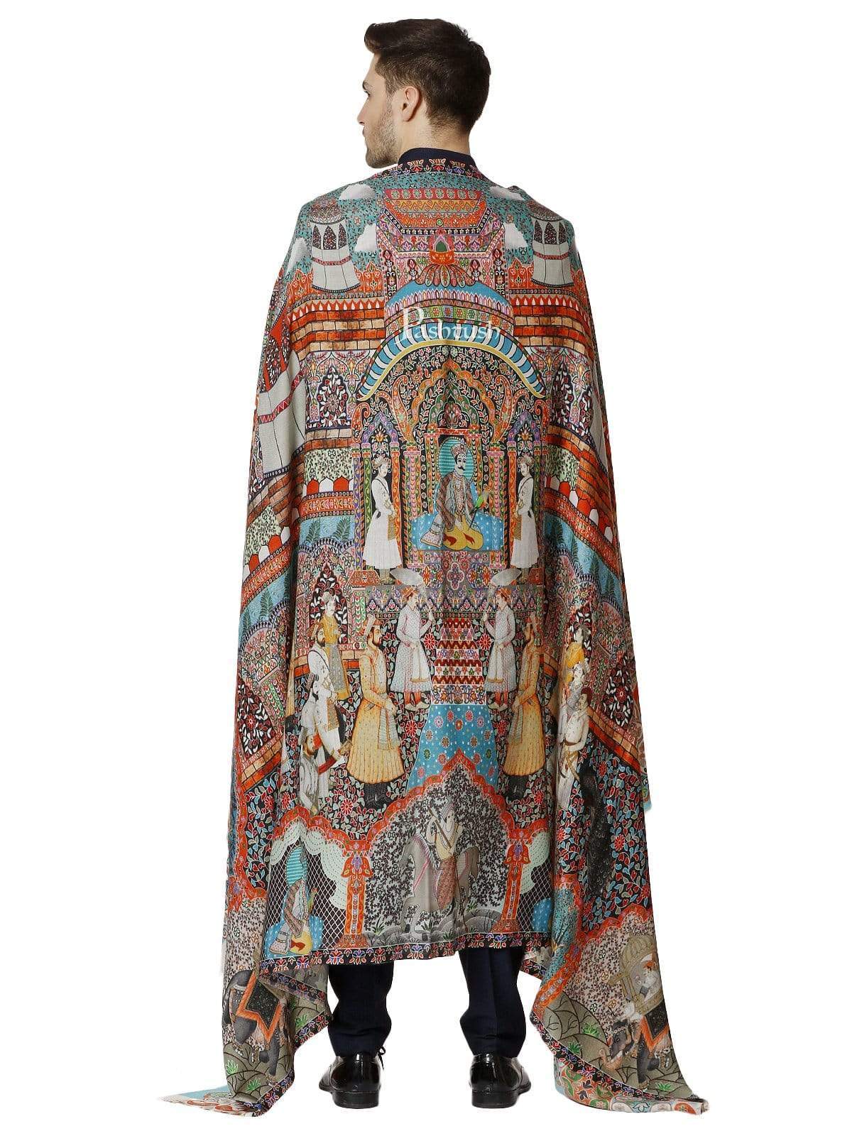 Pashtush India 127x254 Pashtush Mens Mughal Darbar Printed Shawl, 100% Pure, Woolmark Certified, Full Size