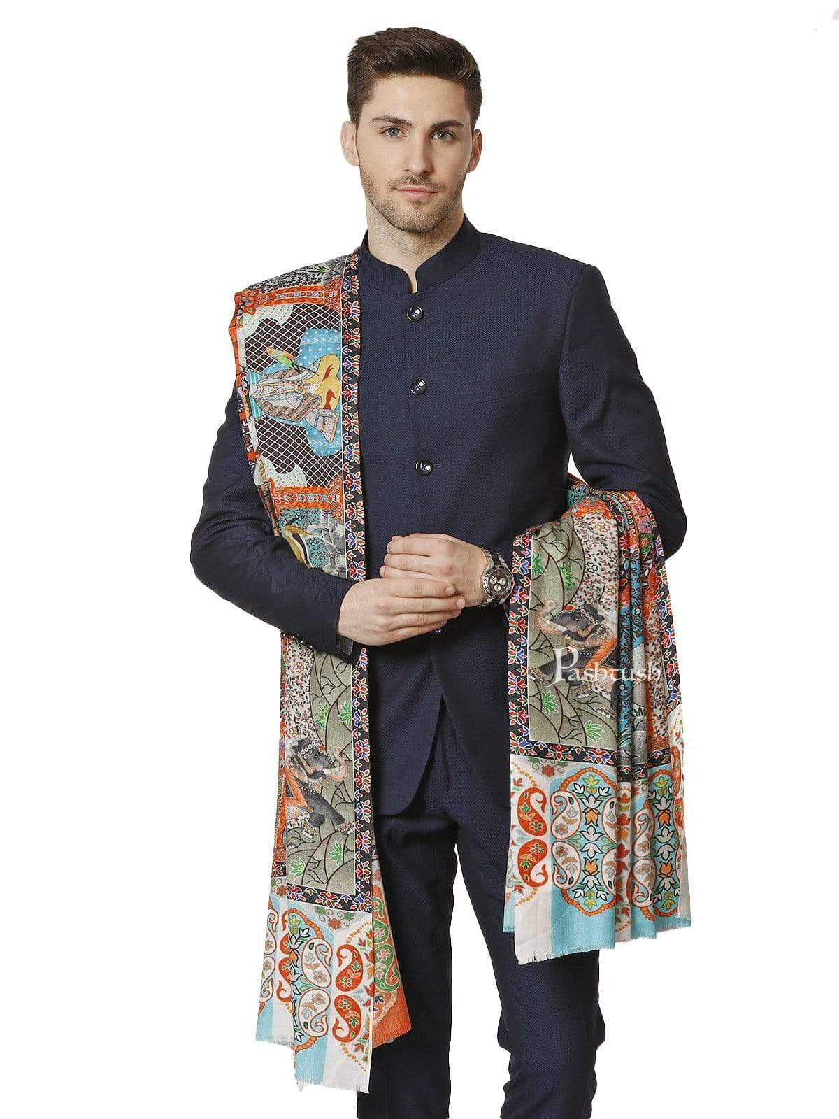 Pashtush India 127x254 Pashtush Mens Mughal Darbar Printed Shawl, 100% Pure, Woolmark Certified, Full Size