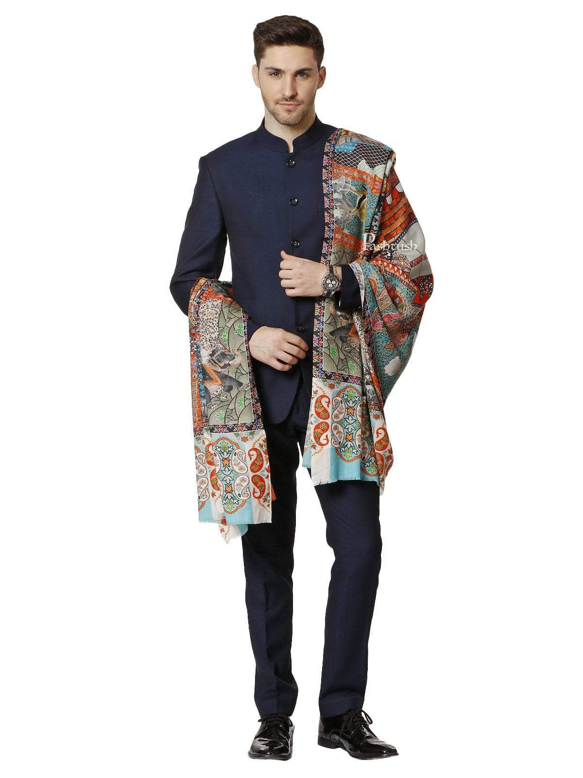 Pashtush India 127x254 Pashtush Mens Mughal Darbar Printed Shawl, 100% Pure, Woolmark Certified, Full Size