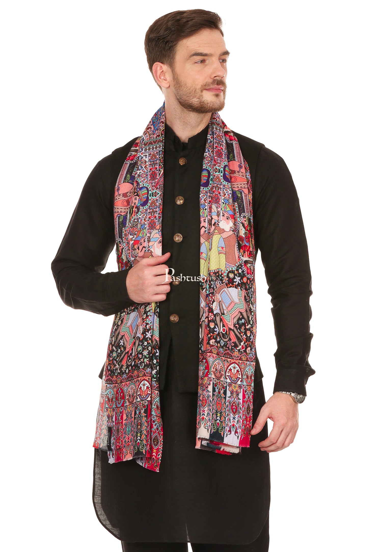 Pashtush India Mens Scarves Stoles and Mufflers Pashtush Mens Mughal Darbar Printed Stole, Extra Soft Bamboo Fabric