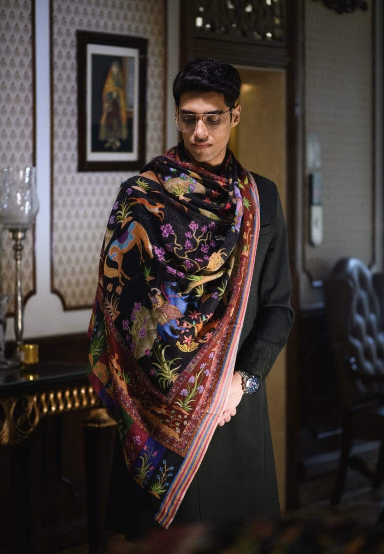 Pashtush Shawl Store Shawl Pashtush Mens Mughal Darbar Shawl, Luxury Printed Shawl on 100% Pure Wool.