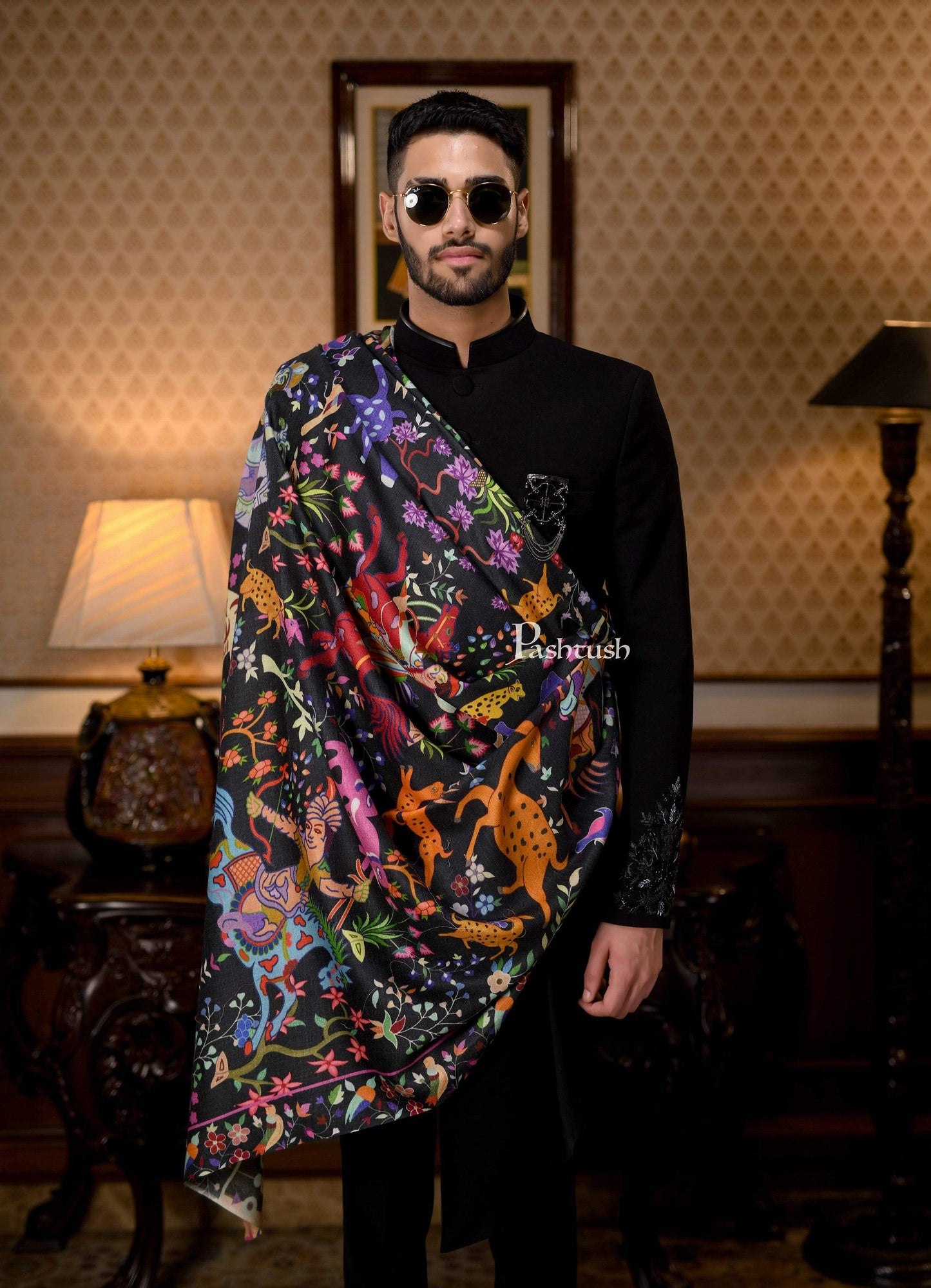 Pashtush India 114x228 Pashtush Mens Mughal Shikaardar, Luxury Printed Shawl on 100% Pure Wool, Woolmark Certified