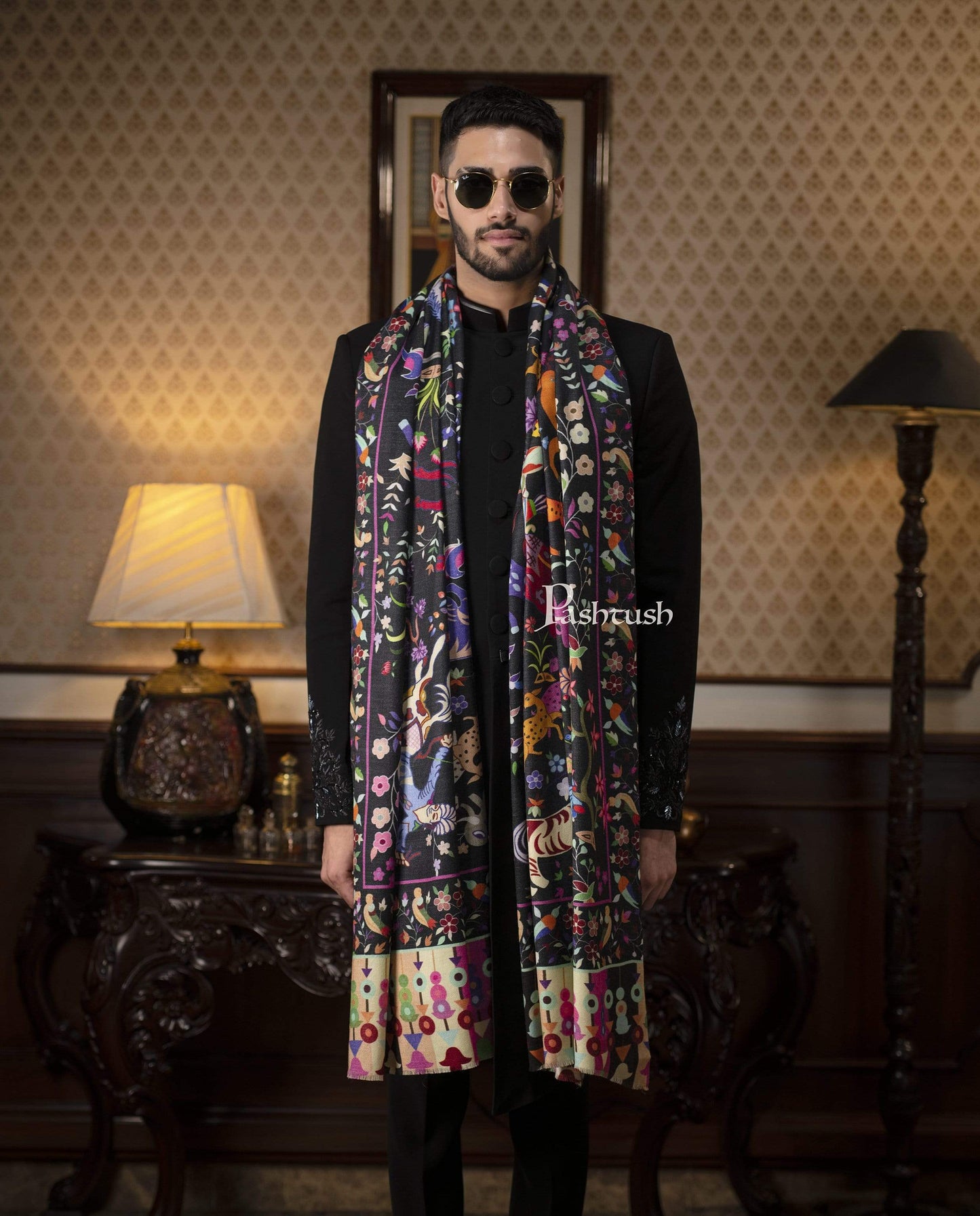 Pashtush India 114x228 Pashtush Mens Mughal Shikaardar, Luxury Printed Shawl on 100% Pure Wool, Woolmark Certified