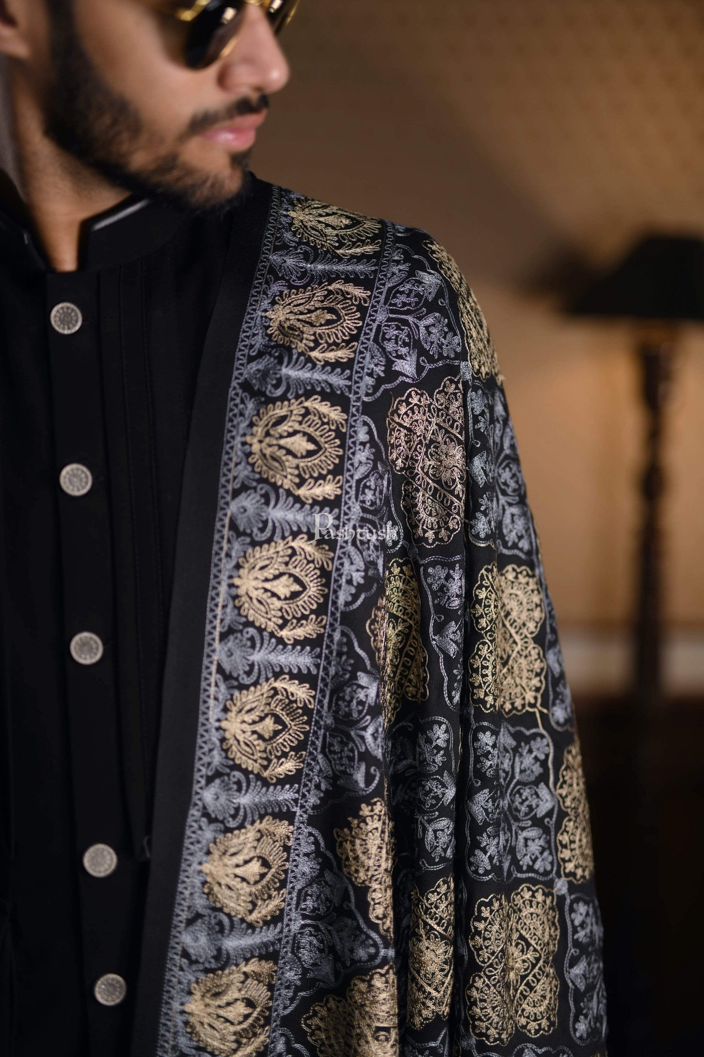 Pashtush India 100x200 Pashtush Mens Nalki Embroidery Stole, Pure Wool, Woolmark Certified