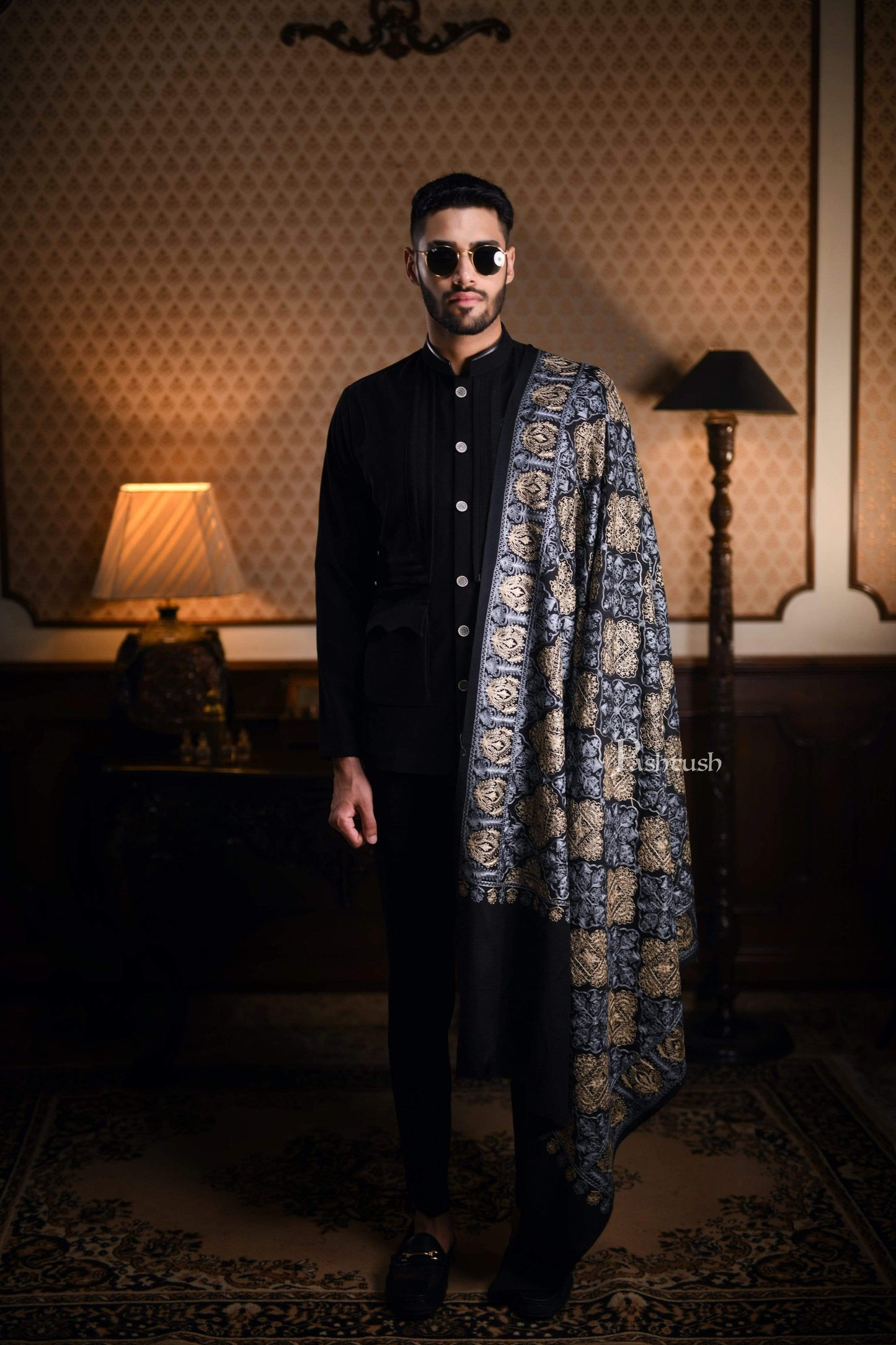 Pashtush India 100x200 Pashtush Mens Nalki Embroidery Stole, Pure Wool, Woolmark Certified