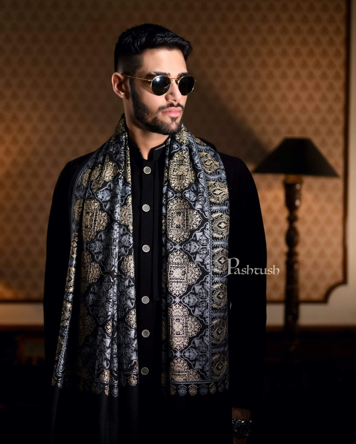 Pashtush India 100x200 Pashtush Mens Nalki Embroidery Stole, Pure Wool, Woolmark Certified