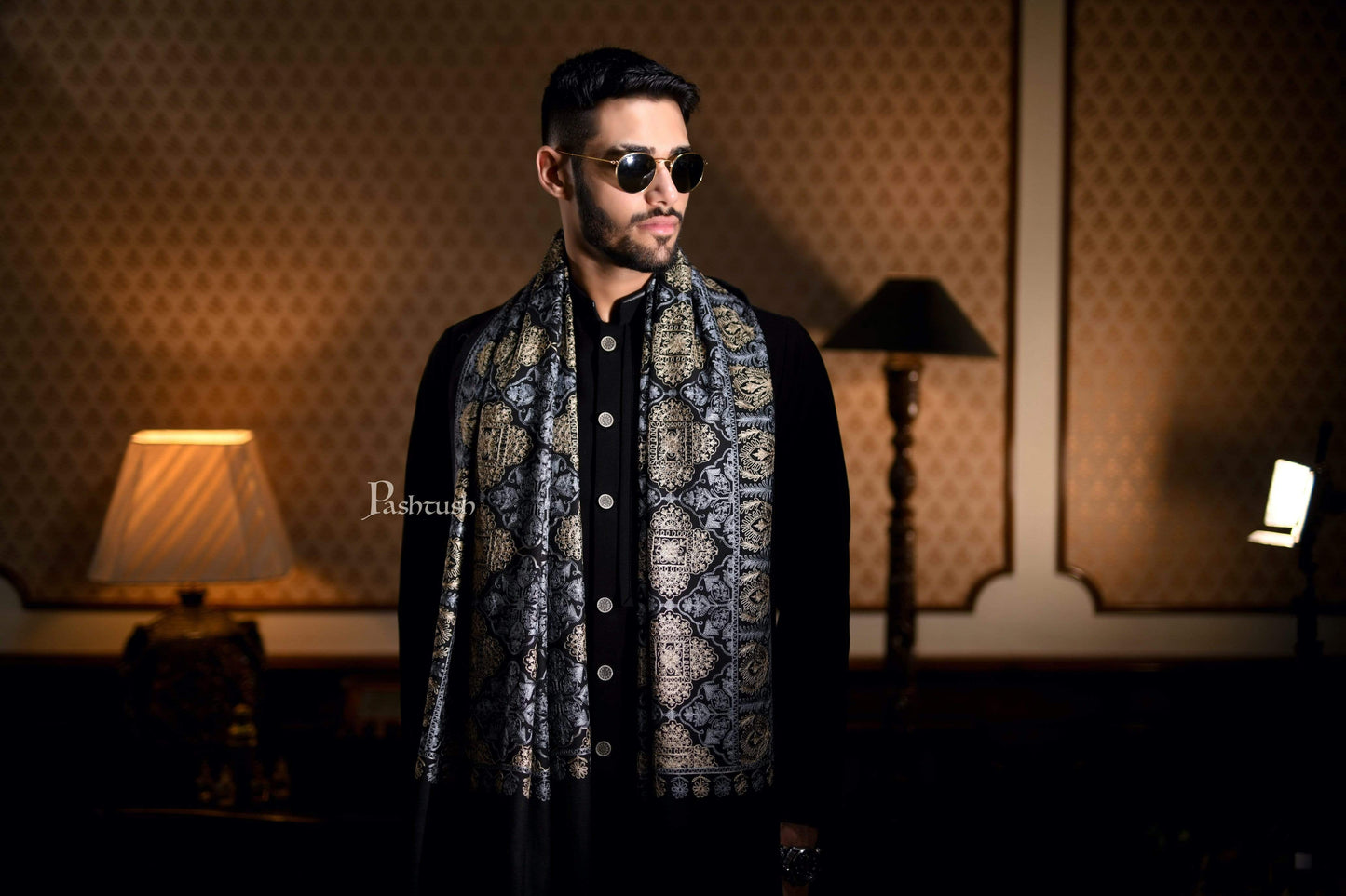 Pashtush India 100x200 Pashtush Mens Nalki Embroidery Stole, Pure Wool, Woolmark Certified