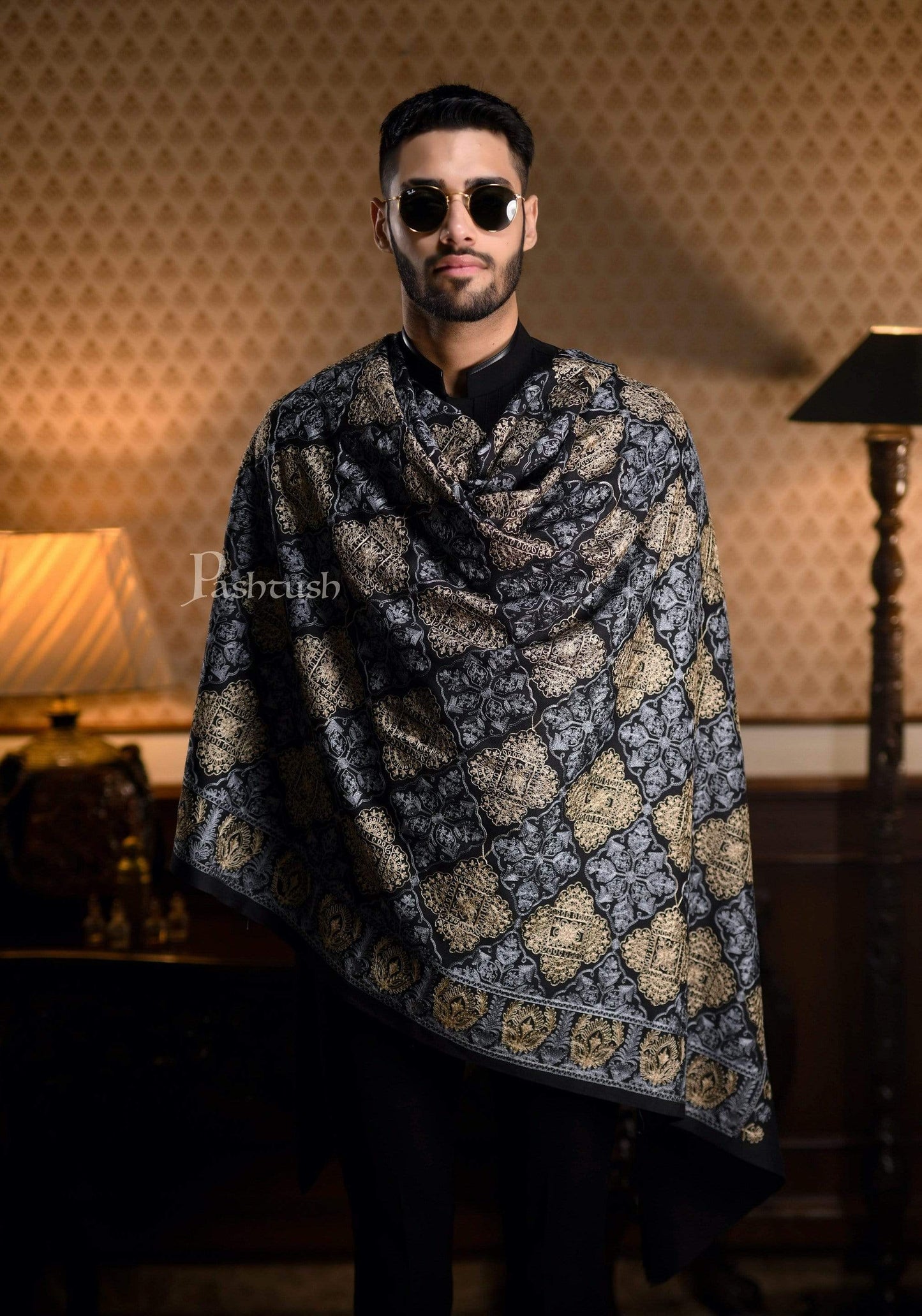 Pashtush India 100x200 Pashtush Mens Nalki Embroidery Stole, Pure Wool, Woolmark Certified
