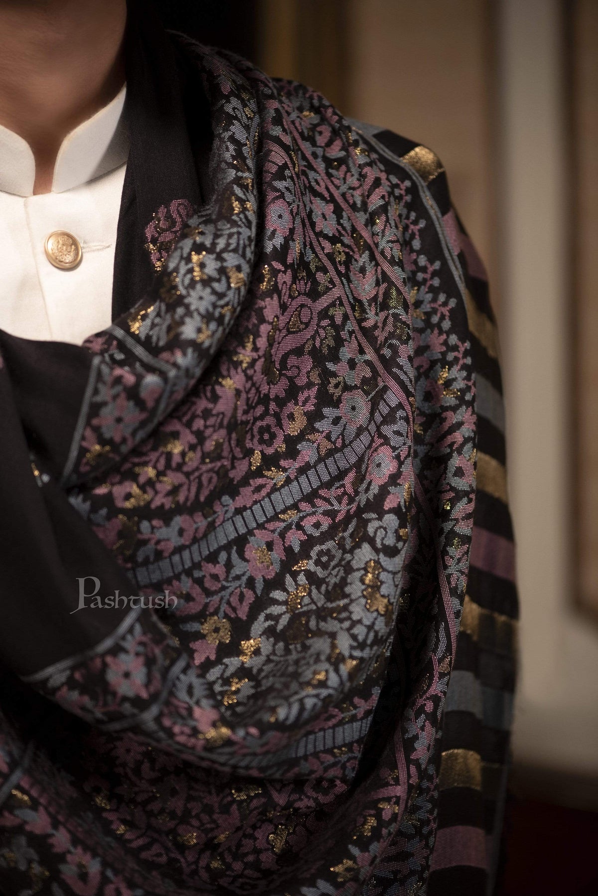Pashtush India 70x200 Pashtush Mens Paisley Design, Soft Bamboo Scarf, Golden Zari Thread Weave