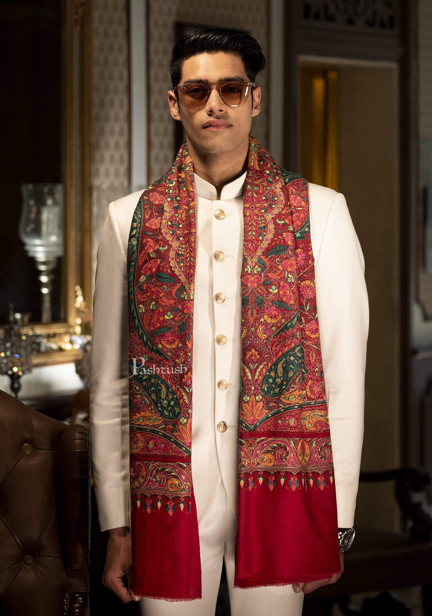Pashtush India 100x200 Pashtush Mens Papier Mache Embroidered Jamawar Stole, Fine Wool, Soft and Warm