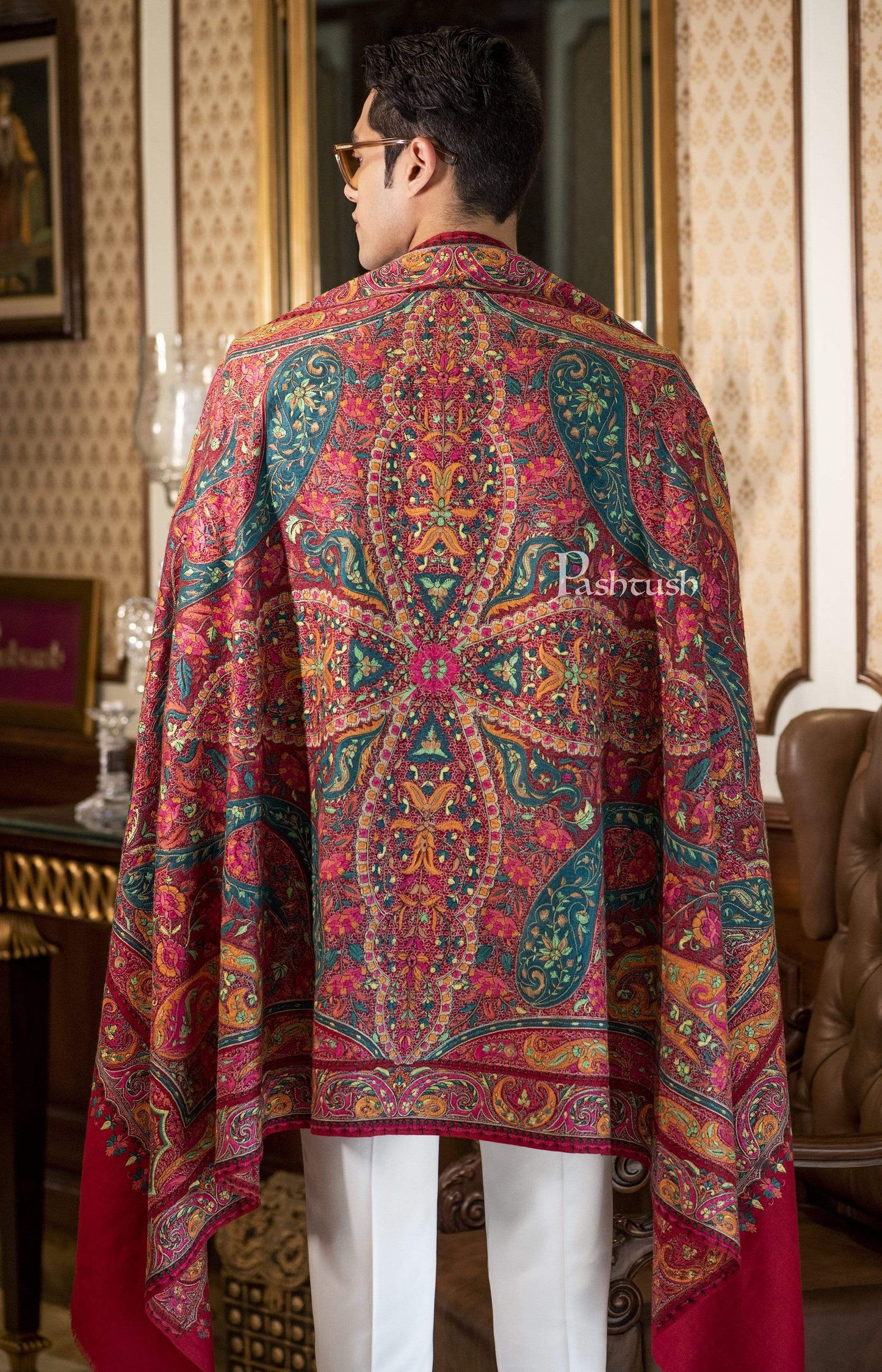 Pashtush India 100x200 Pashtush Mens Papier Mache Embroidered Jamawar Stole, Fine Wool, Soft and Warm