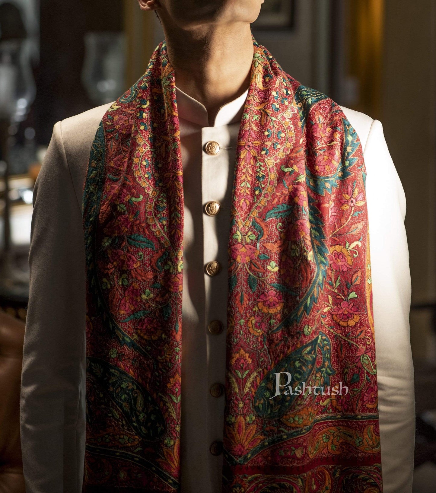 Pashtush India 100x200 Pashtush Mens Papier Mache Embroidered Jamawar Stole, Fine Wool, Soft and Warm