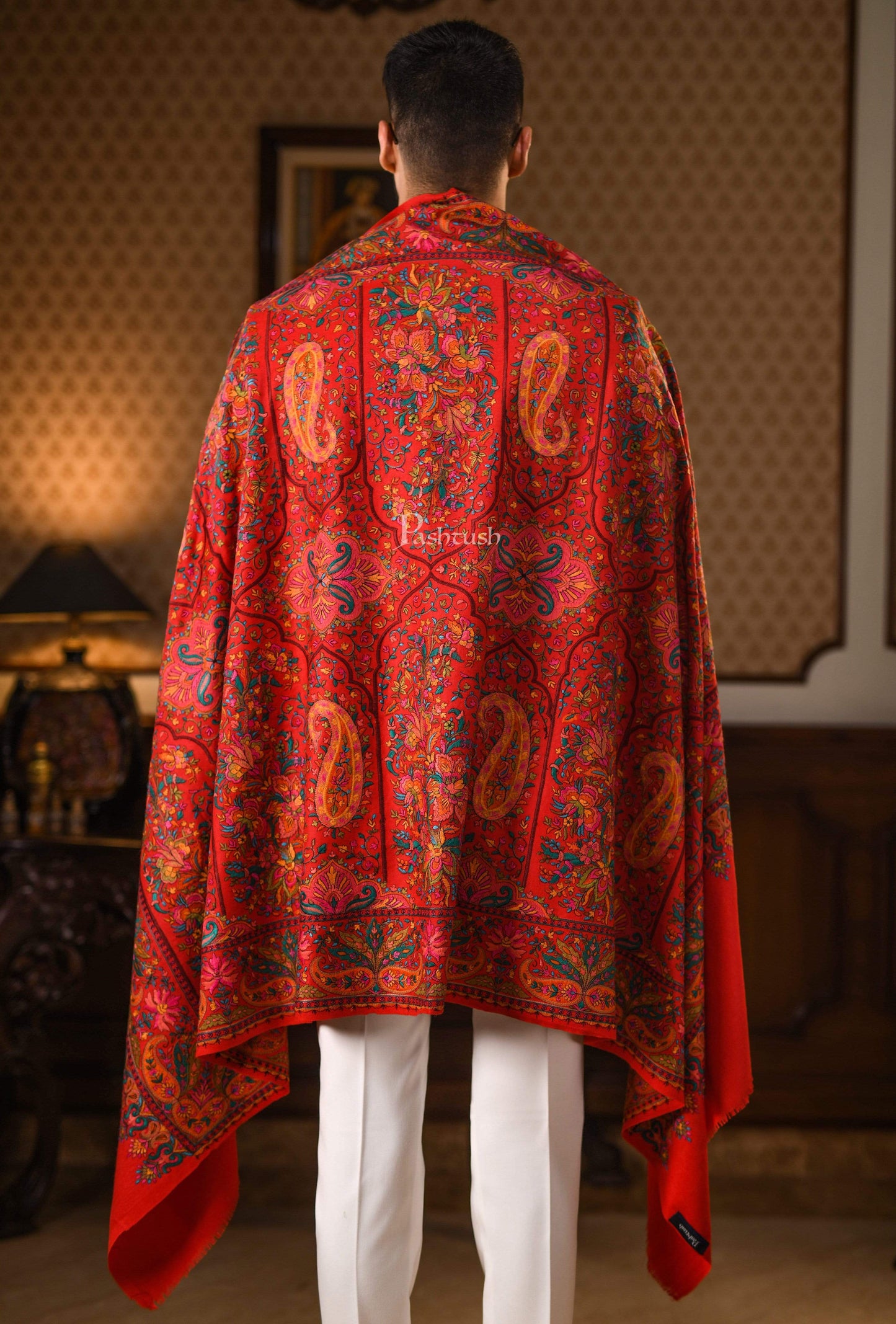 Pashtush India 100x200 Pashtush Mens Papier-mâché Embroidered Shawl, Fine Wool with Silky Embroidery, Maroon