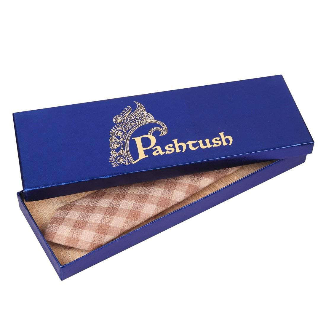 Pashtush Shawl Store Tie Pashtush Mens Pashmina Necktie, Soft and Luxurious, Checkered Design, Free Size, Cairo Beige