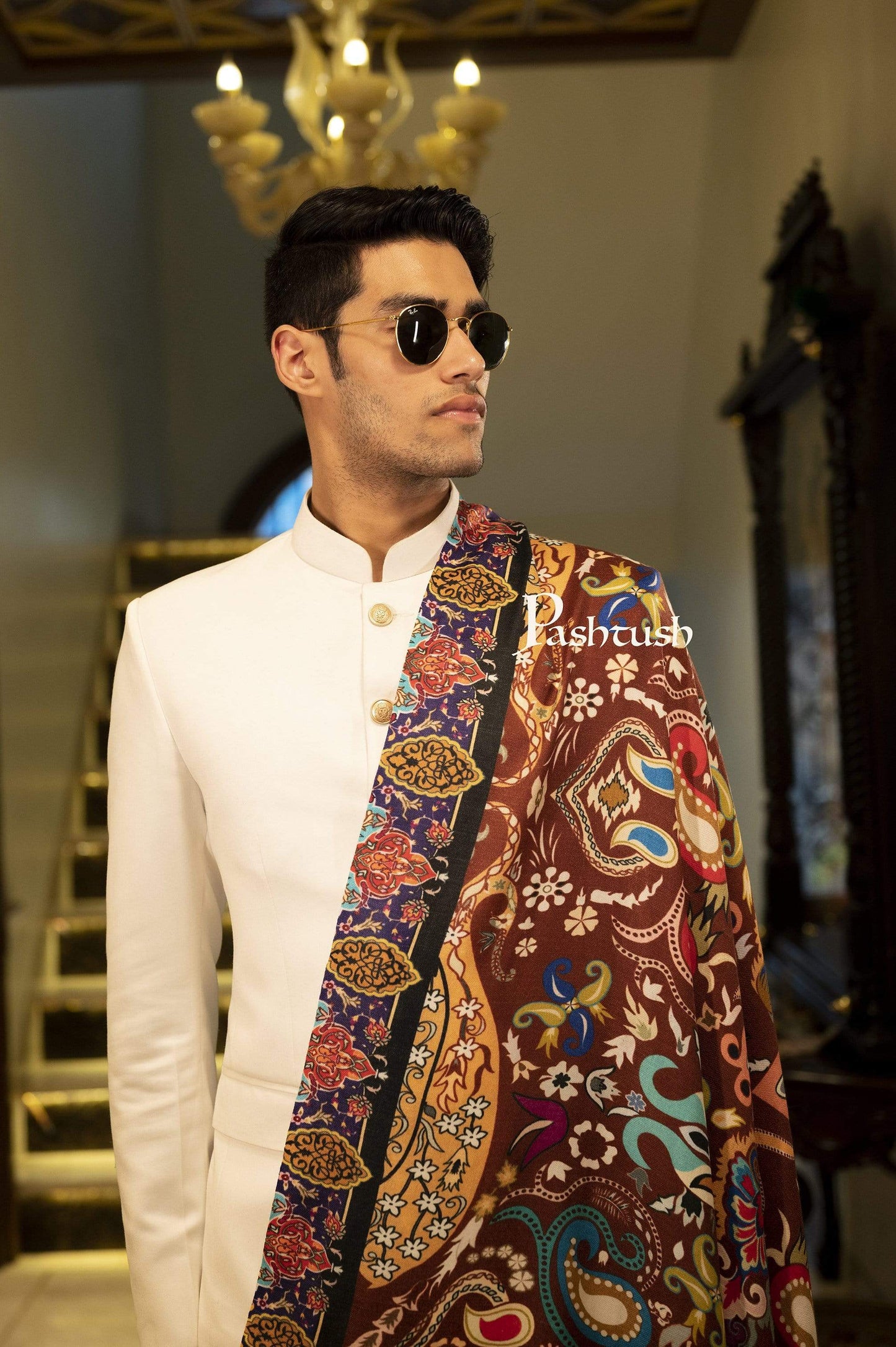 Pashtush India 100x200 Pashtush Mens Printed Stole, Multicoloured, 100% Pure Wool (Woolmark Certified)