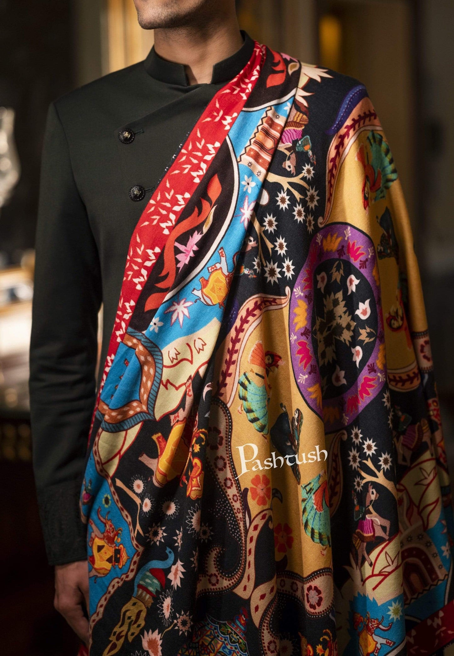 Pashtush India 100x200 Pashtush Mens Printed Stole, Multicoloured, 100% Pure Wool (Woolmark Certified)