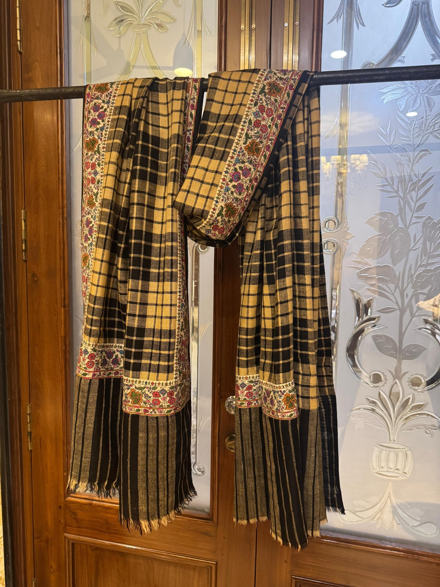 Pashtush India Mens Shawls Gents Shawl Pashtush Mens Pure Pashmina, Hand Woven Checkered with Antique Kashmiri Embroidery Border