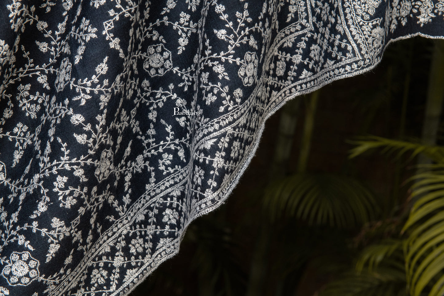 Pashtush India Mens Shawls Gents Shawl Pashtush Mens Pure Pashmina Shawl, Sozni Hand Embroidery, Hand Woven, Tonal Design, Black