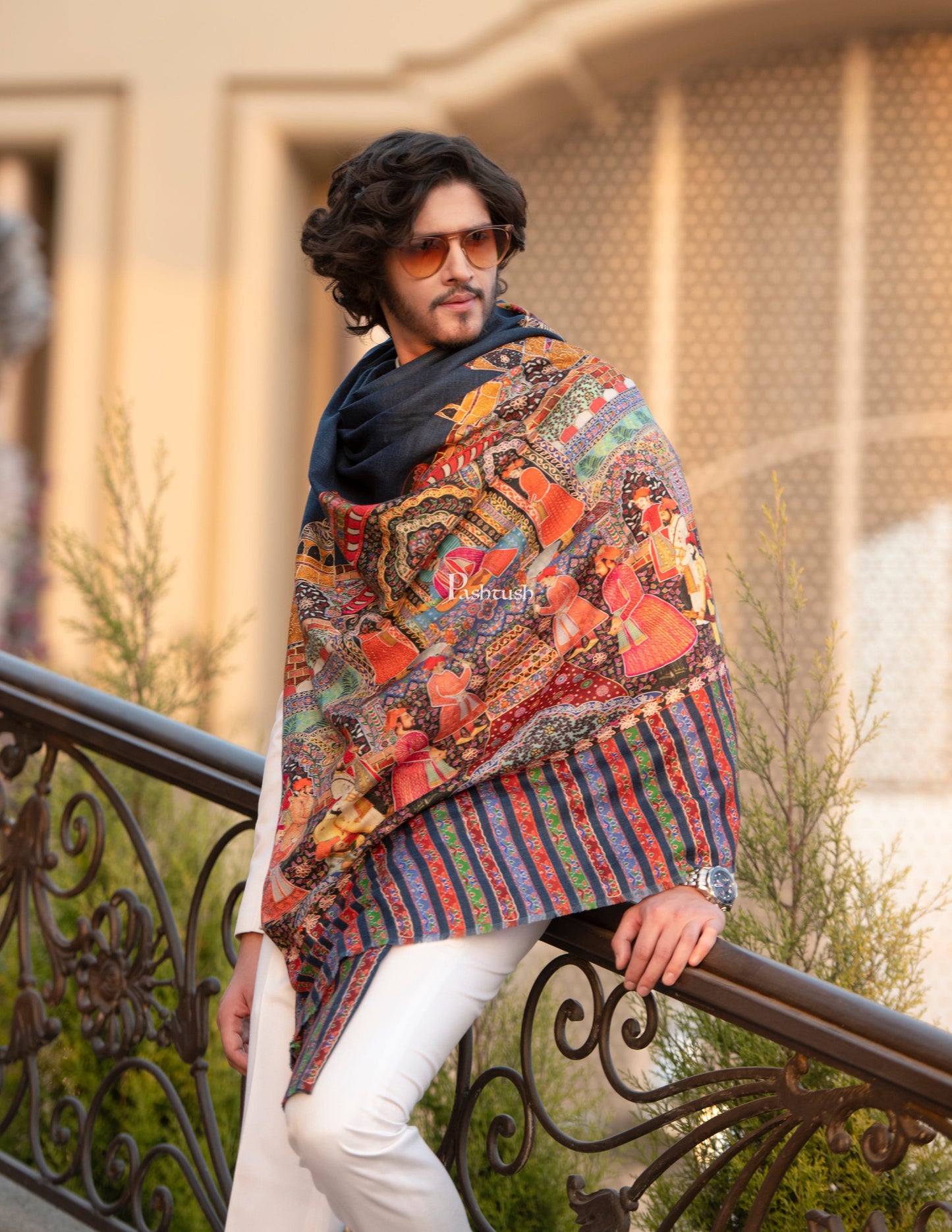 Pashtush India Womens Shawls Pashtush Mens, Pure Wool, Embroidered Mughal Darbar Shawl, Woolmark Certified, Multicoloured