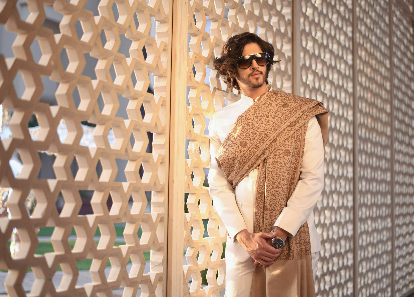 Pashtush India Mens Shawls Gents Shawl Pashtush Mens Pure Wool, Embroidery Shawl, Tone on Tone, Woolmark certified, Beige