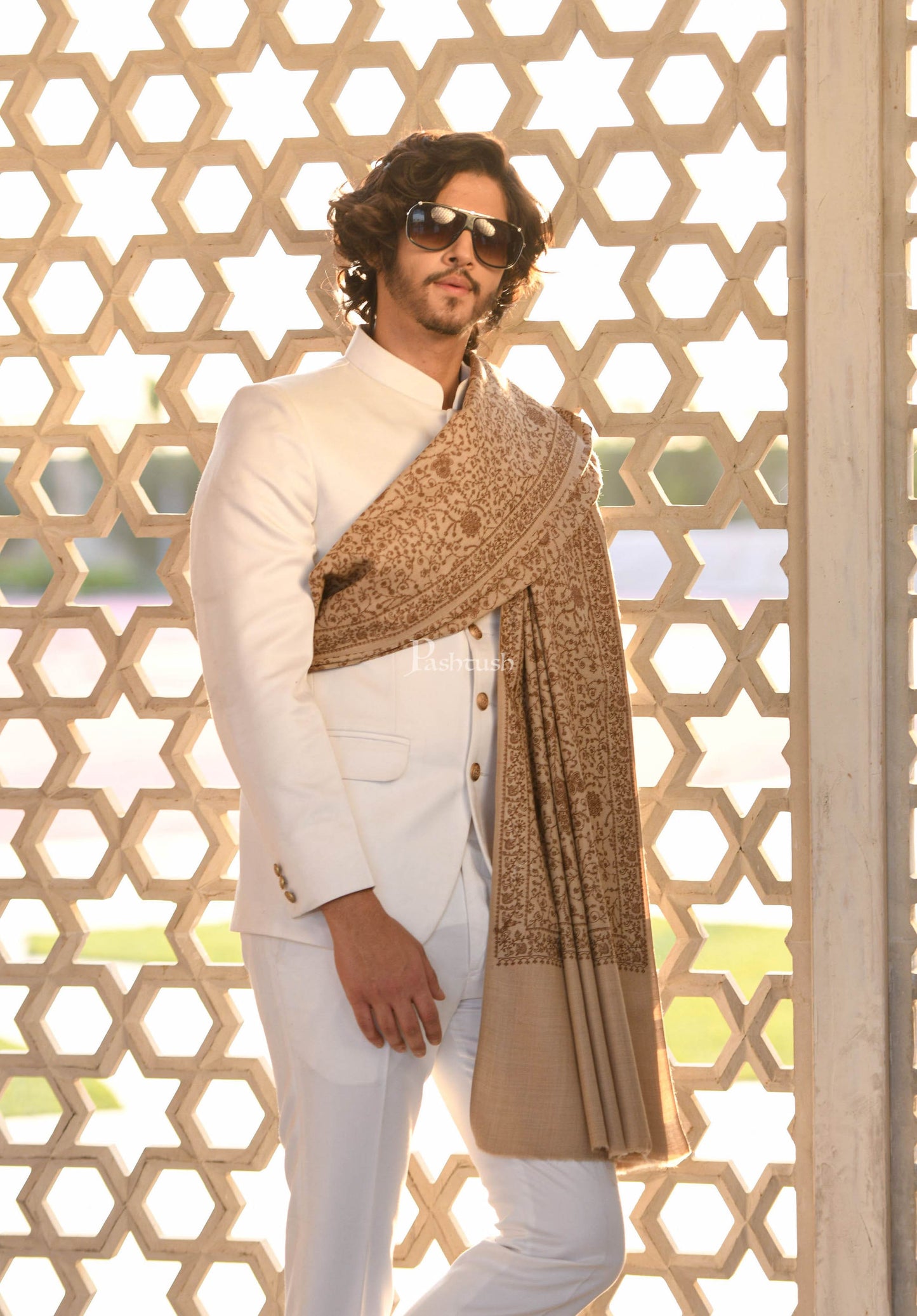 Pashtush India Mens Shawls Gents Shawl Pashtush Mens Pure Wool, Embroidery Shawl, Tone on Tone, Woolmark certified, Beige