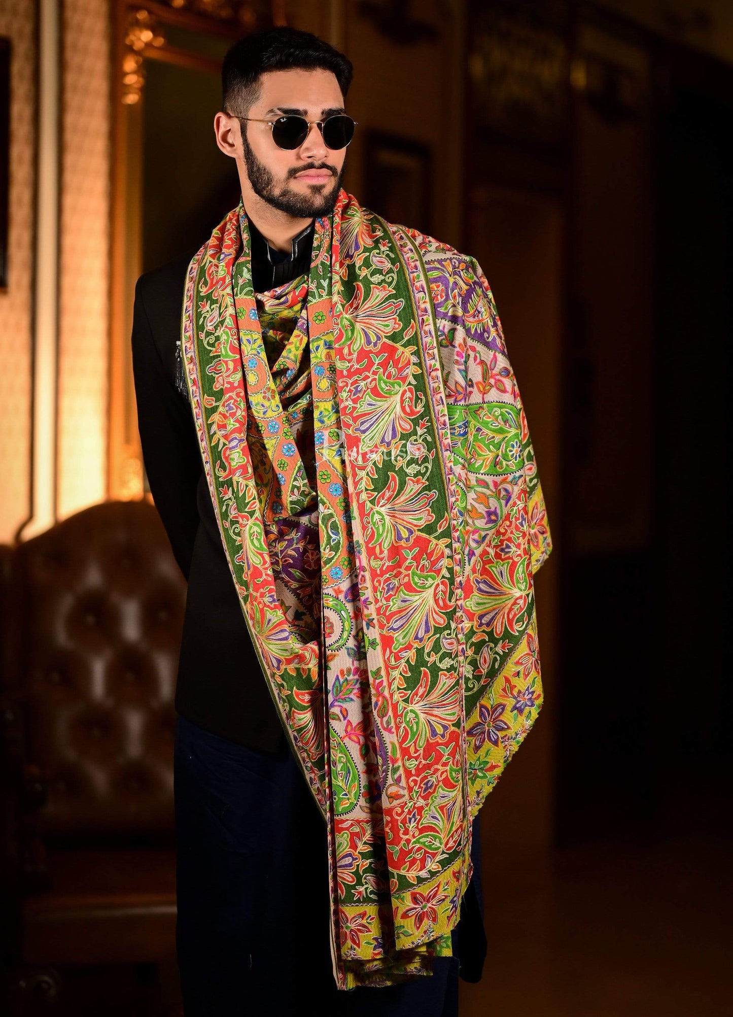 Pashtush India 100x200 Pashtush Mens Pure Wool, Hand Embroidered Kalamkari Stole, With Woolmark Certificate