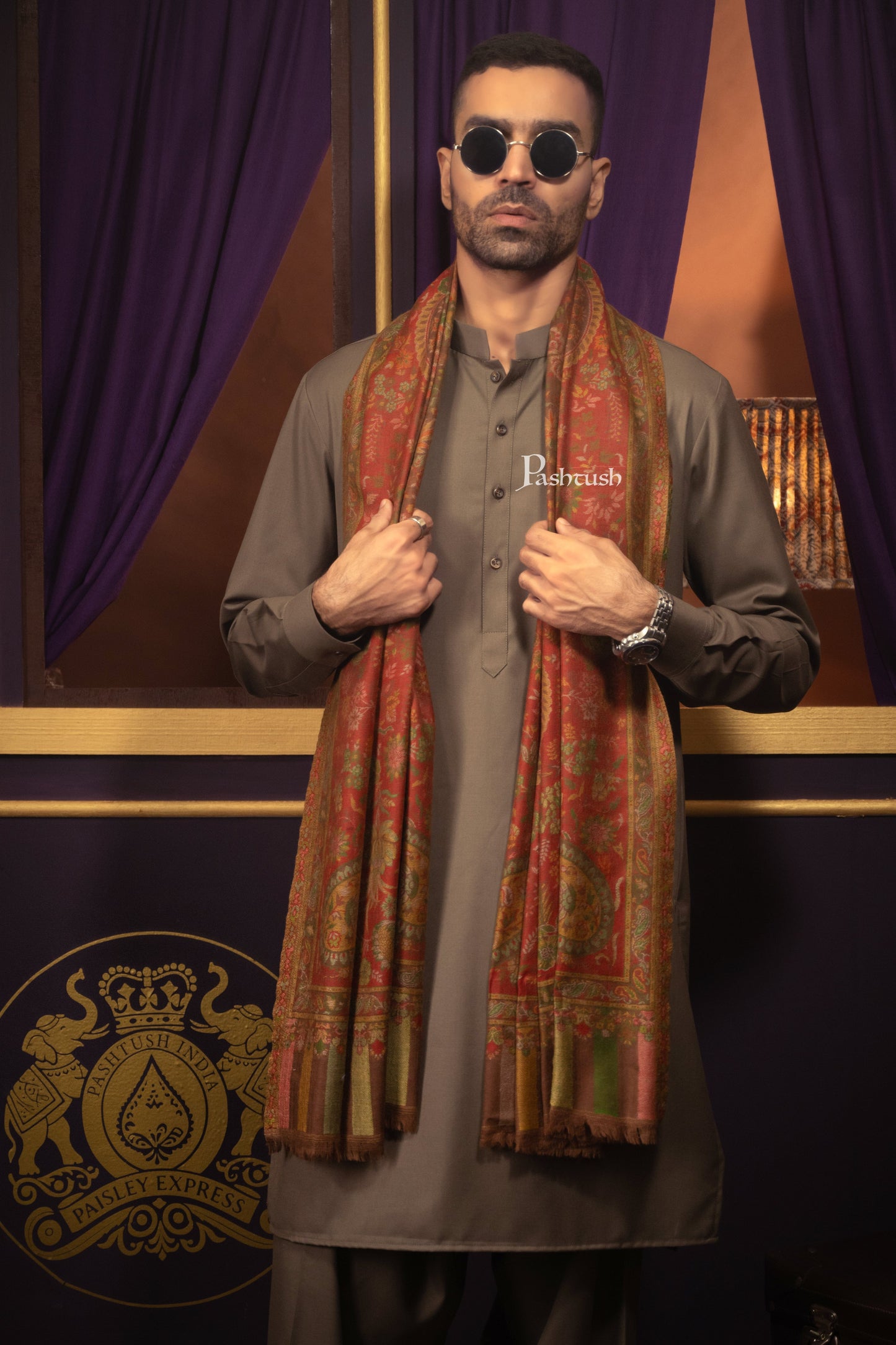 Pashtush India Mens Scarves Stoles and Mufflers Pashtush Mens Pure Wool Stole, With Woolmark Certificate, Woven Design, Espresso Brown