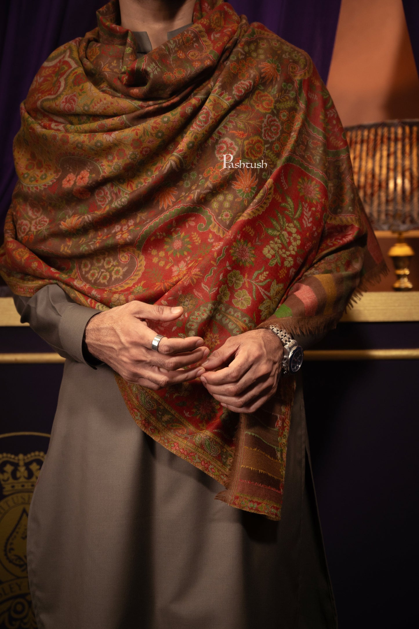 Pashtush India Mens Scarves Stoles and Mufflers Pashtush Mens Pure Wool Stole, With Woolmark Certificate, Woven Design, Espresso Brown