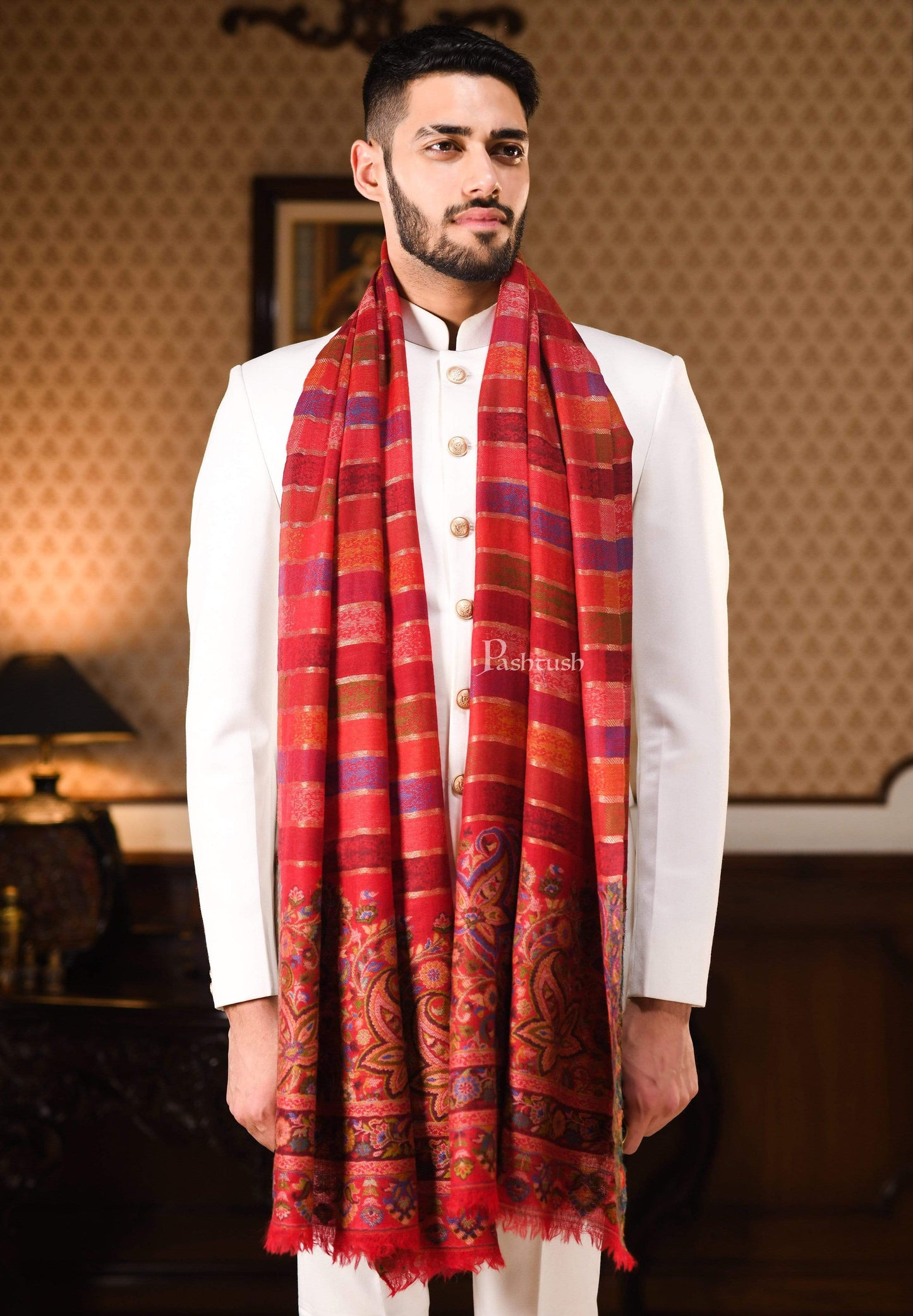 Pashtush India 70x200 Pashtush Mens Pure Wool Striped Kaani Stole