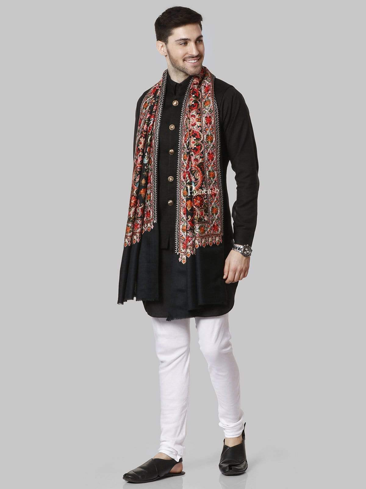 Pashtush India 70x200 Pashtush Mens Regal Collection, Fine Wool Embroidery Stole, Rich Black