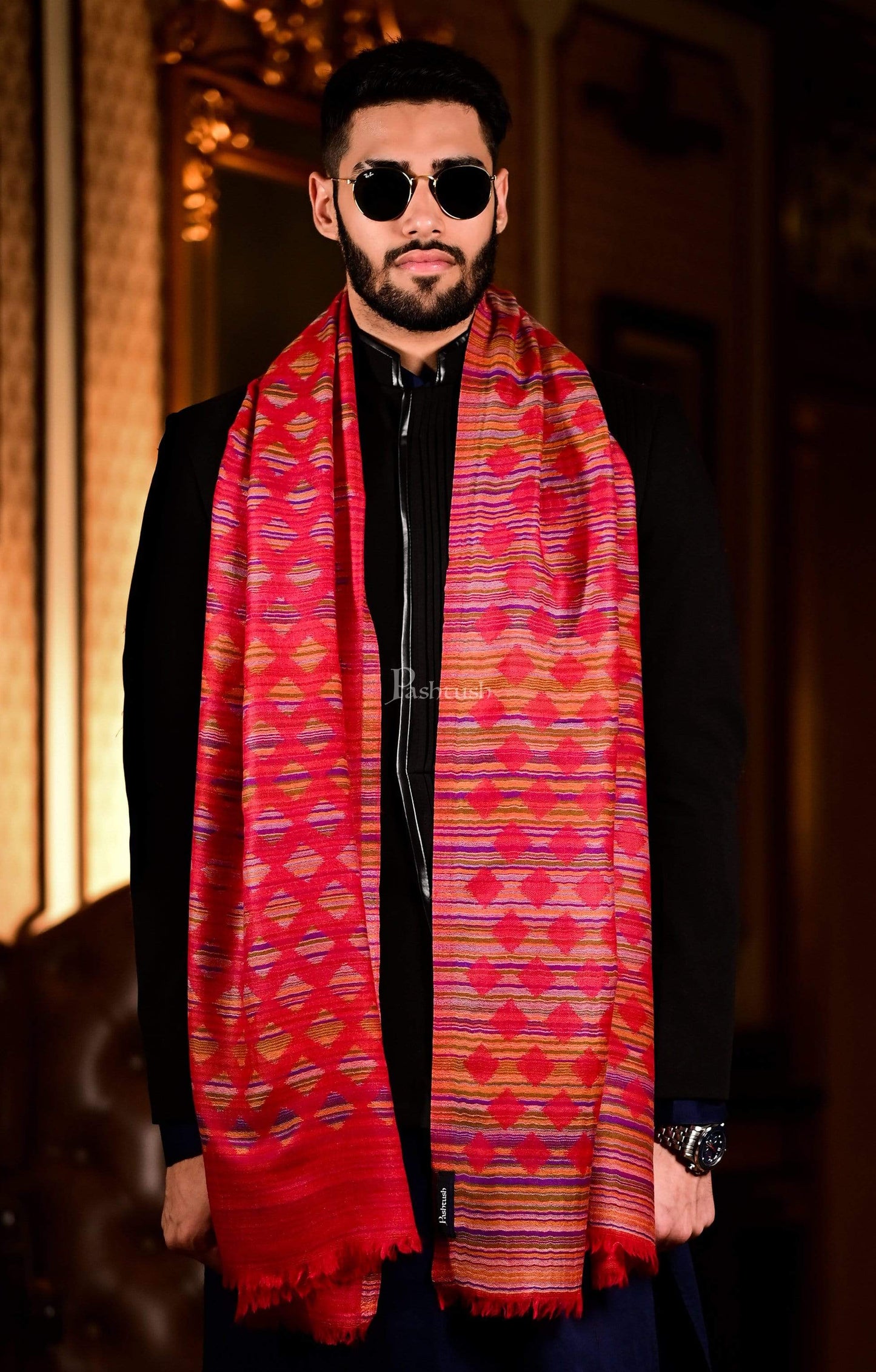 Pashtush India 70x200 Pashtush Mens Reversible Stole, 100% Pure Wool With Woolmark Certification, Multi coloured