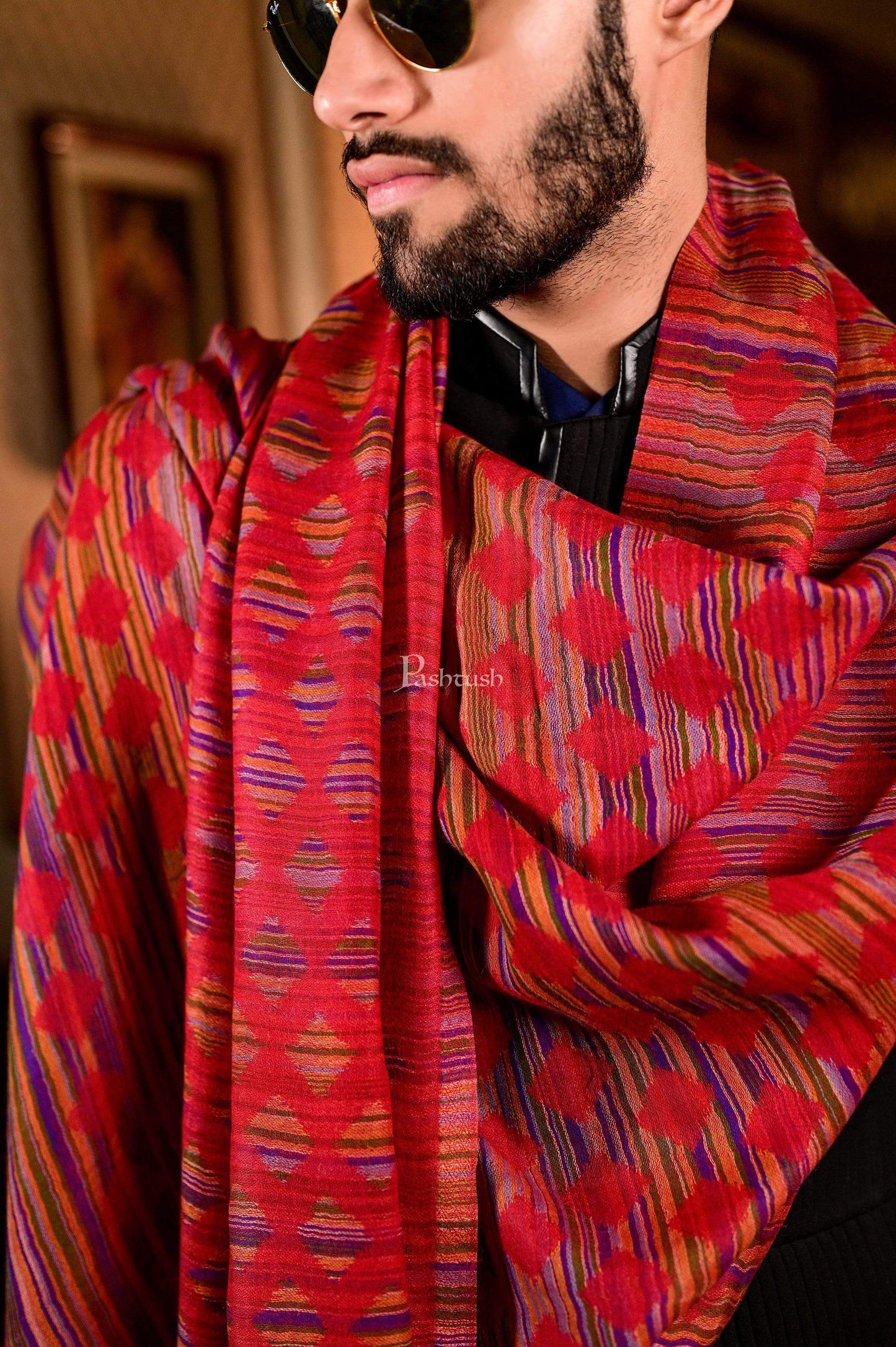 Pashtush India 70x200 Pashtush Mens Reversible Stole, 100% Pure Wool With Woolmark Certification, Multi coloured