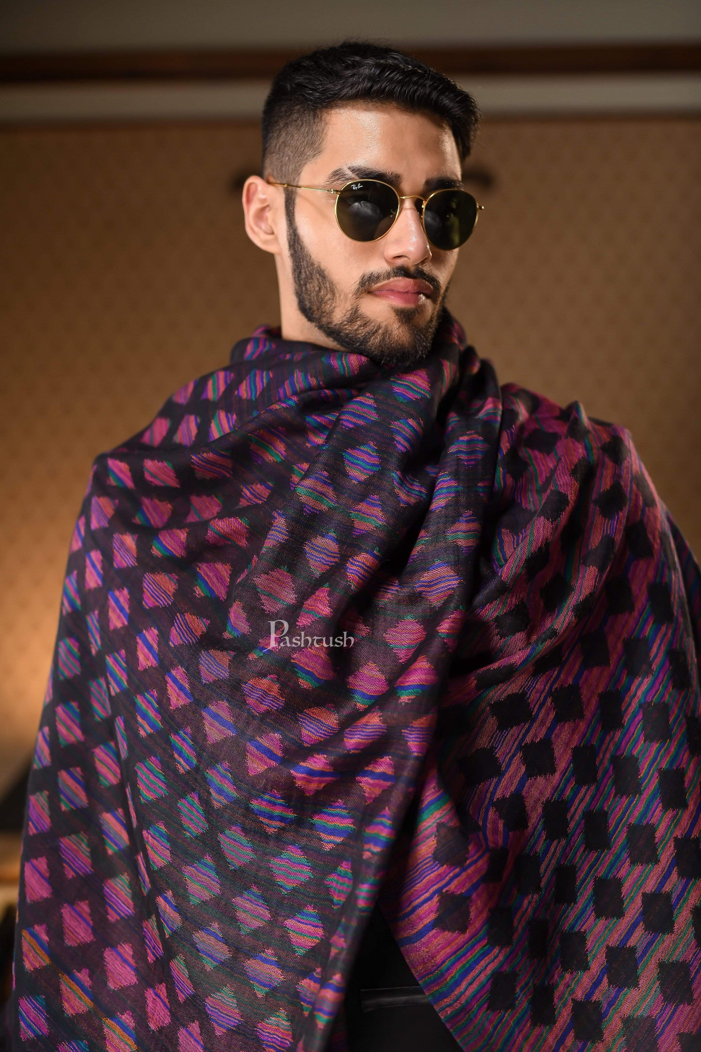 Pashtush India 70x200 Pashtush Mens Reversible Stole, 100% Pure Wool With Woolmark Certification, Multi coloured