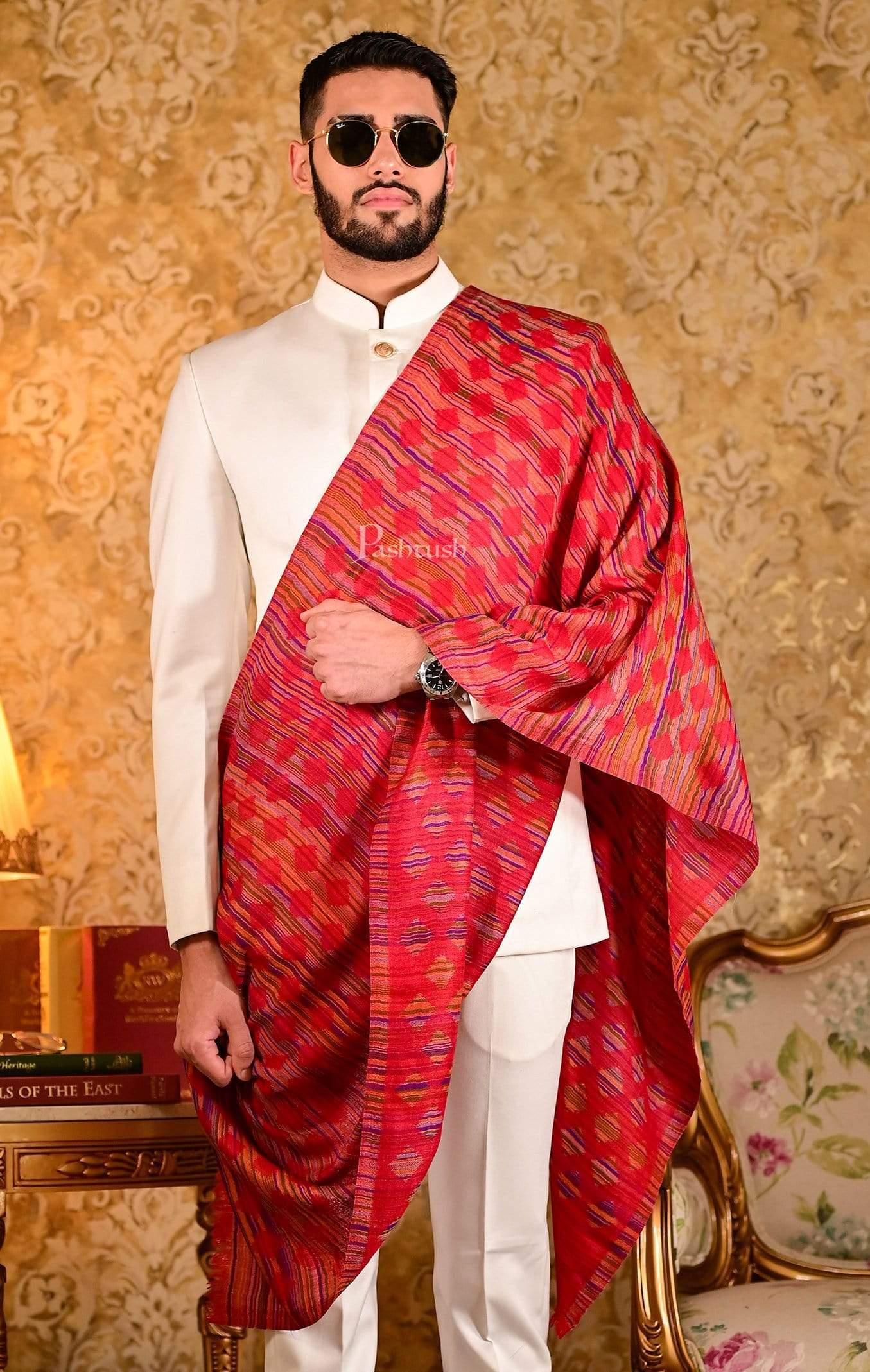 Pashtush India 70x200 Pashtush Mens Reversible Stole, 100% Pure Wool With Woolmark Certification, Multi coloured