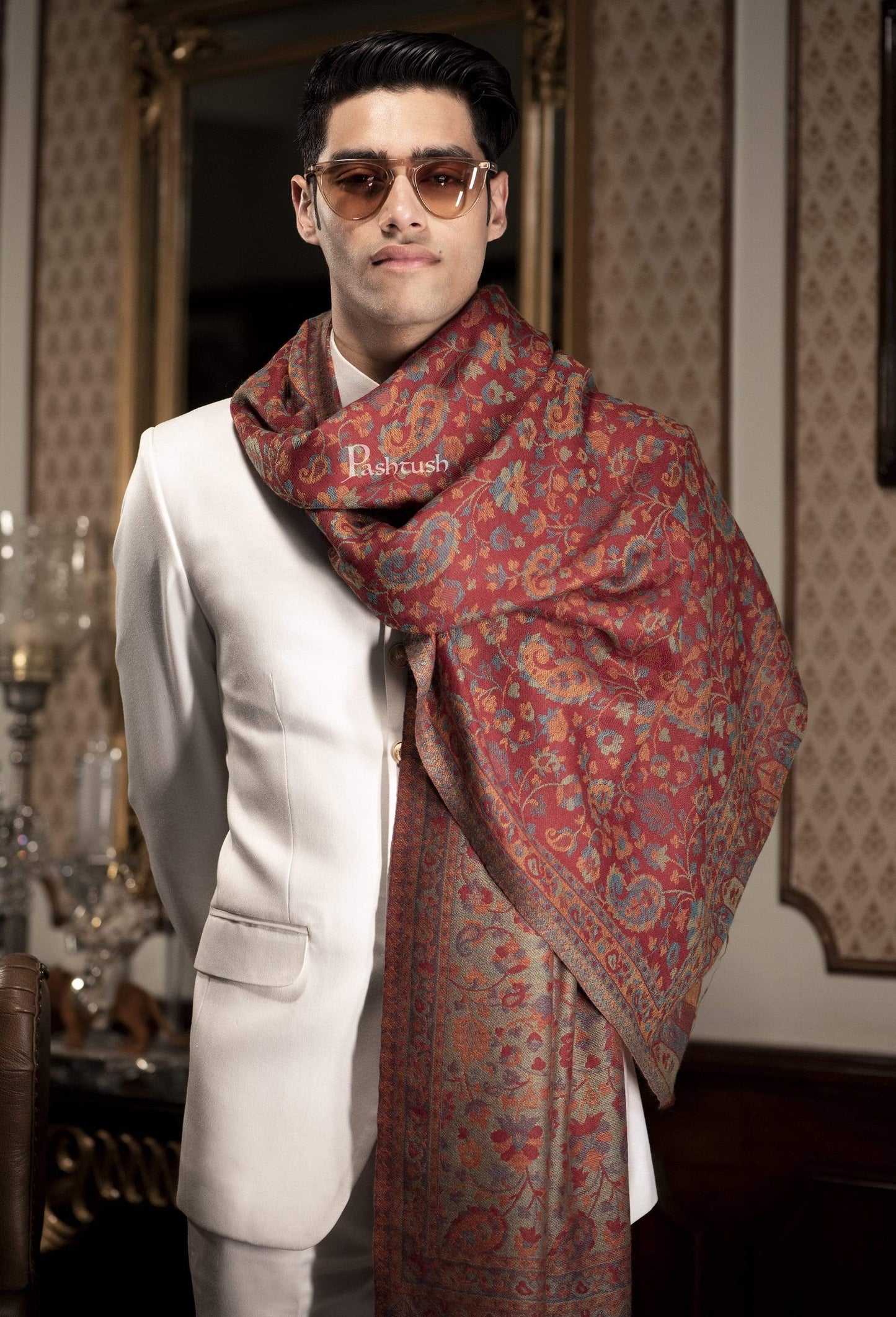Pashtush India 70x200 Pashtush Mens Reversible Stole, Chanting Paisley Weave Scarf, Crimson Maroon