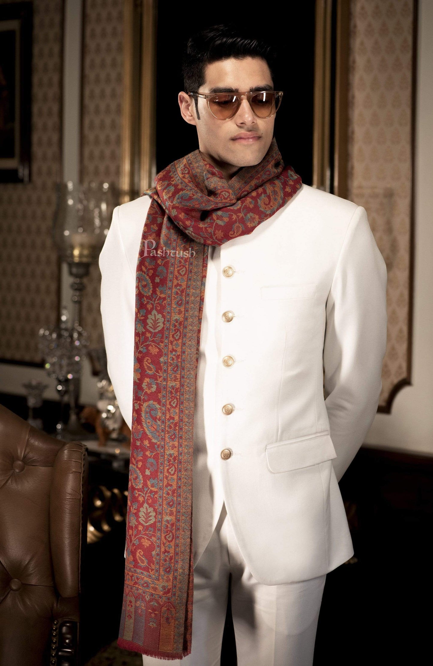Pashtush India 70x200 Pashtush Mens Reversible Stole, Chanting Paisley Weave Scarf, Crimson Maroon