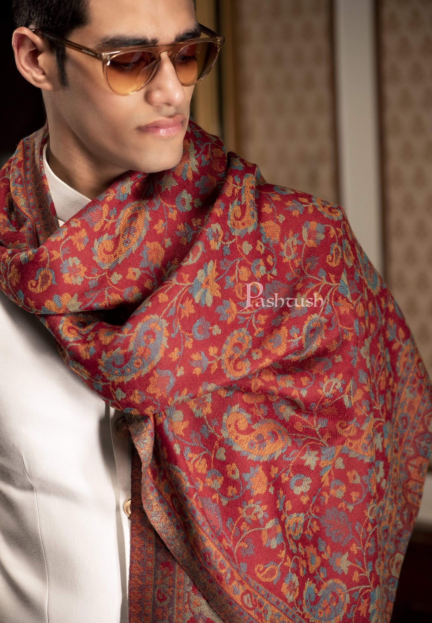 Pashtush India 70x200 Pashtush Mens Reversible Stole, Chanting Paisley Weave Scarf, Crimson Maroon