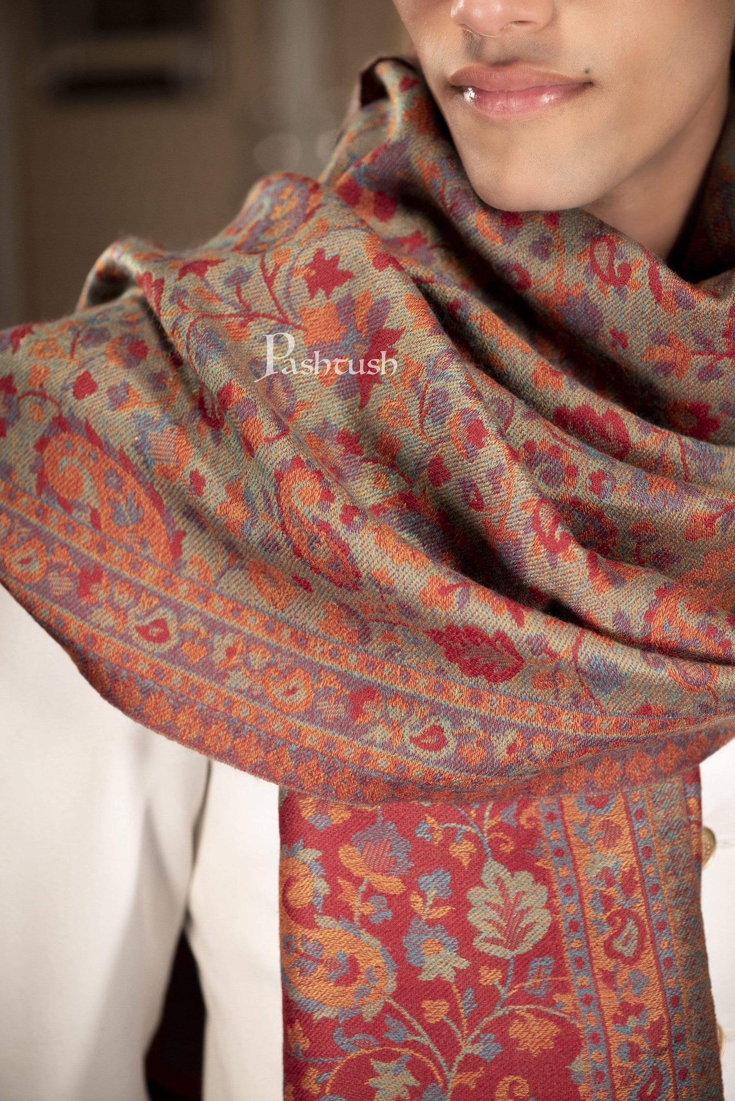 Pashtush India 70x200 Pashtush Mens Reversible Stole, Chanting Paisley Weave Scarf, Crimson Maroon