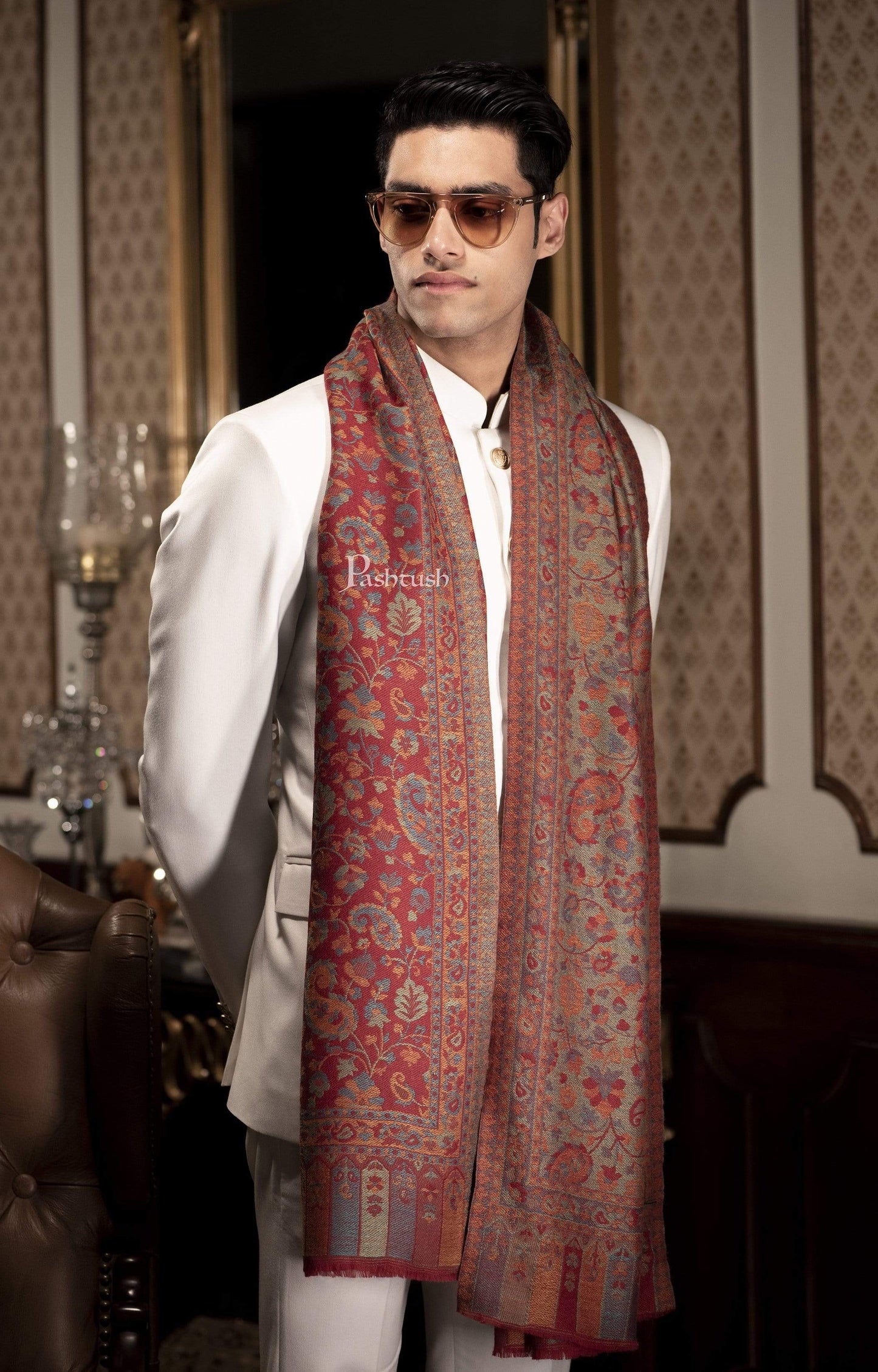 Pashtush India 70x200 Pashtush Mens Reversible Stole, Chanting Paisley Weave Scarf, Crimson Maroon