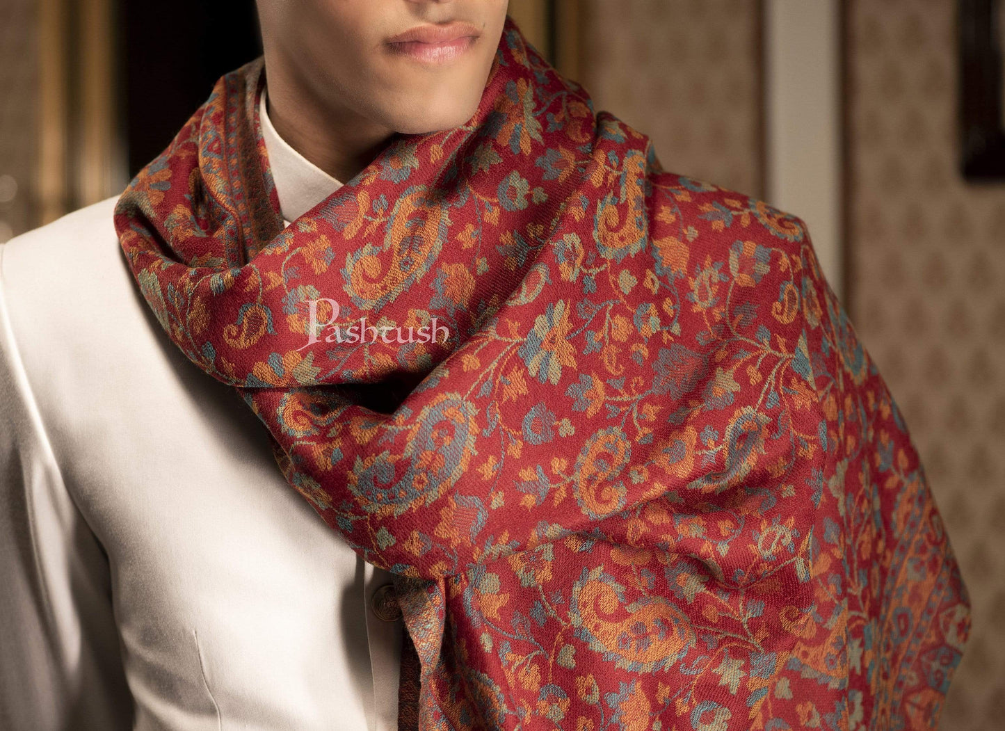 Pashtush India 70x200 Pashtush Mens Reversible Stole, Chanting Paisley Weave Scarf, Crimson Maroon