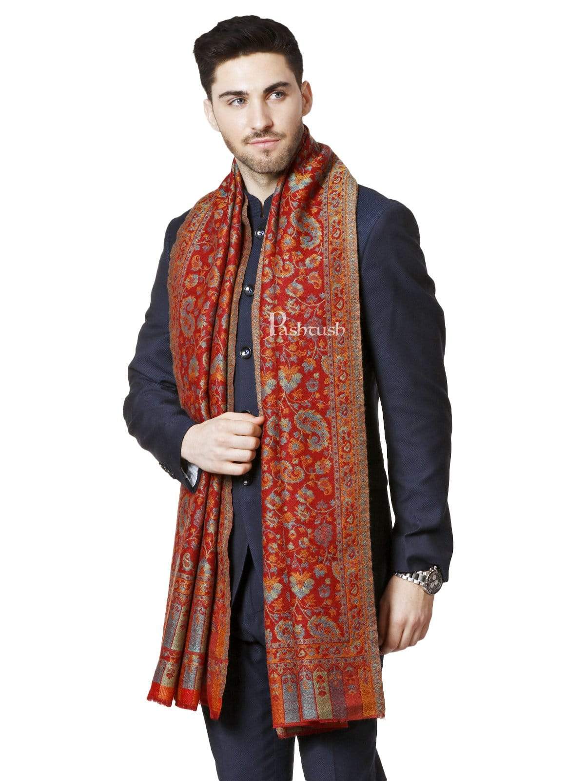 Pashtush India 70x200 Pashtush Mens Reversible Stole, Chanting Paisley Weave Scarf, Crimson Maroon
