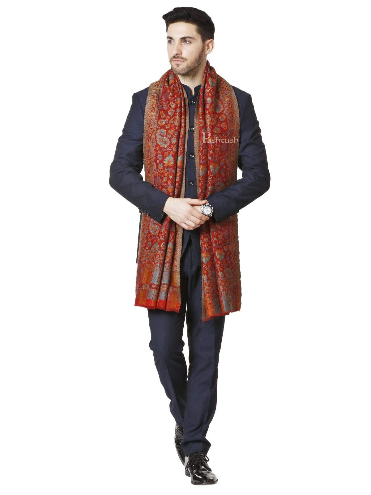 Pashtush India 70x200 Pashtush Mens Reversible Stole, Chanting Paisley Weave Scarf, Crimson Maroon