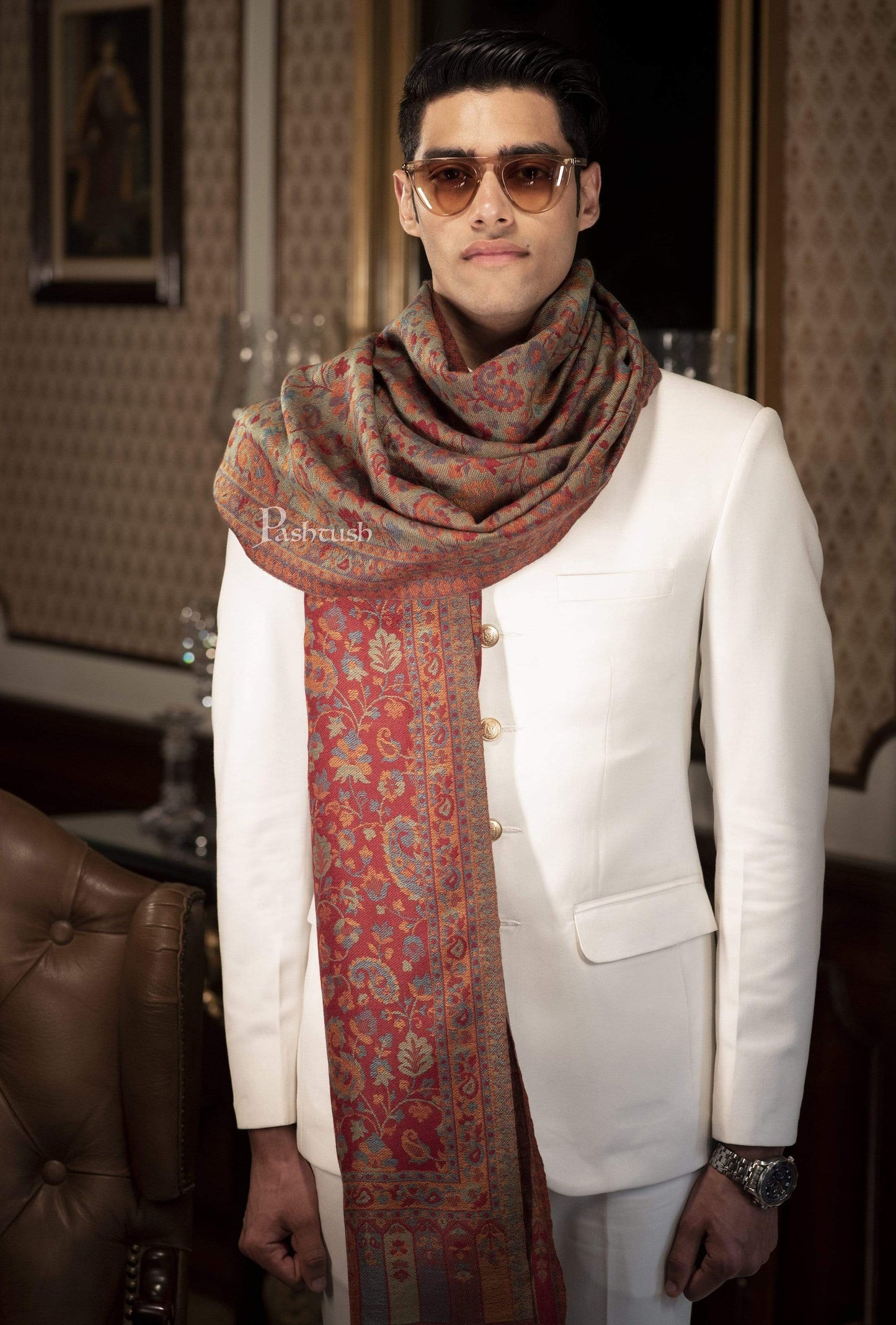 Pashtush India 70x200 Pashtush Mens Reversible Stole, Chanting Paisley Weave Scarf, Crimson Maroon