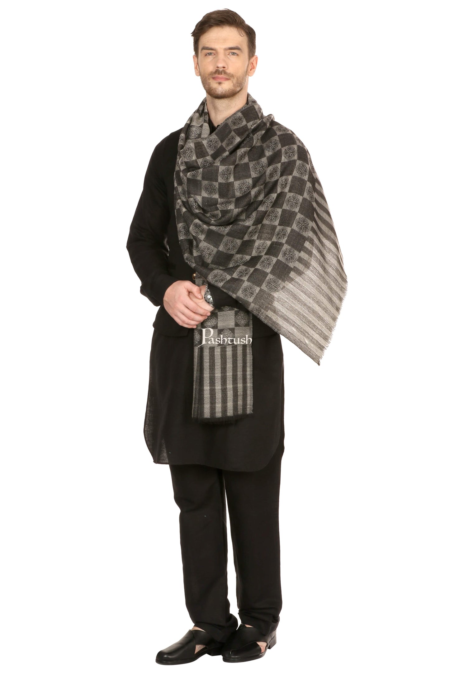 Pashtush India Mens Scarves Stoles and Mufflers Pashtush Mens Reversible Stole, Checkered Design - Black