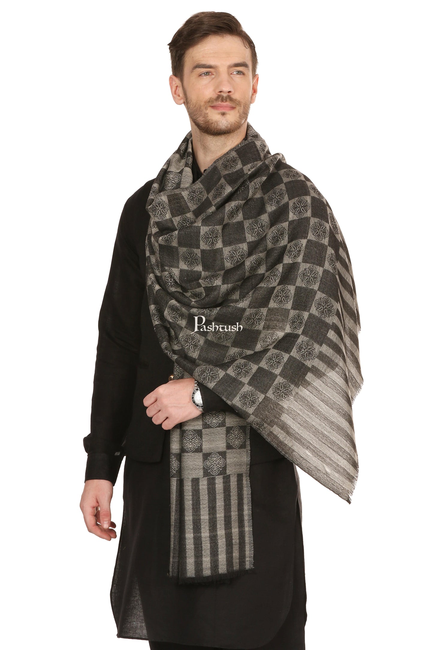 Pashtush India Mens Scarves Stoles and Mufflers Pashtush Mens Reversible Stole, Checkered Design - Black