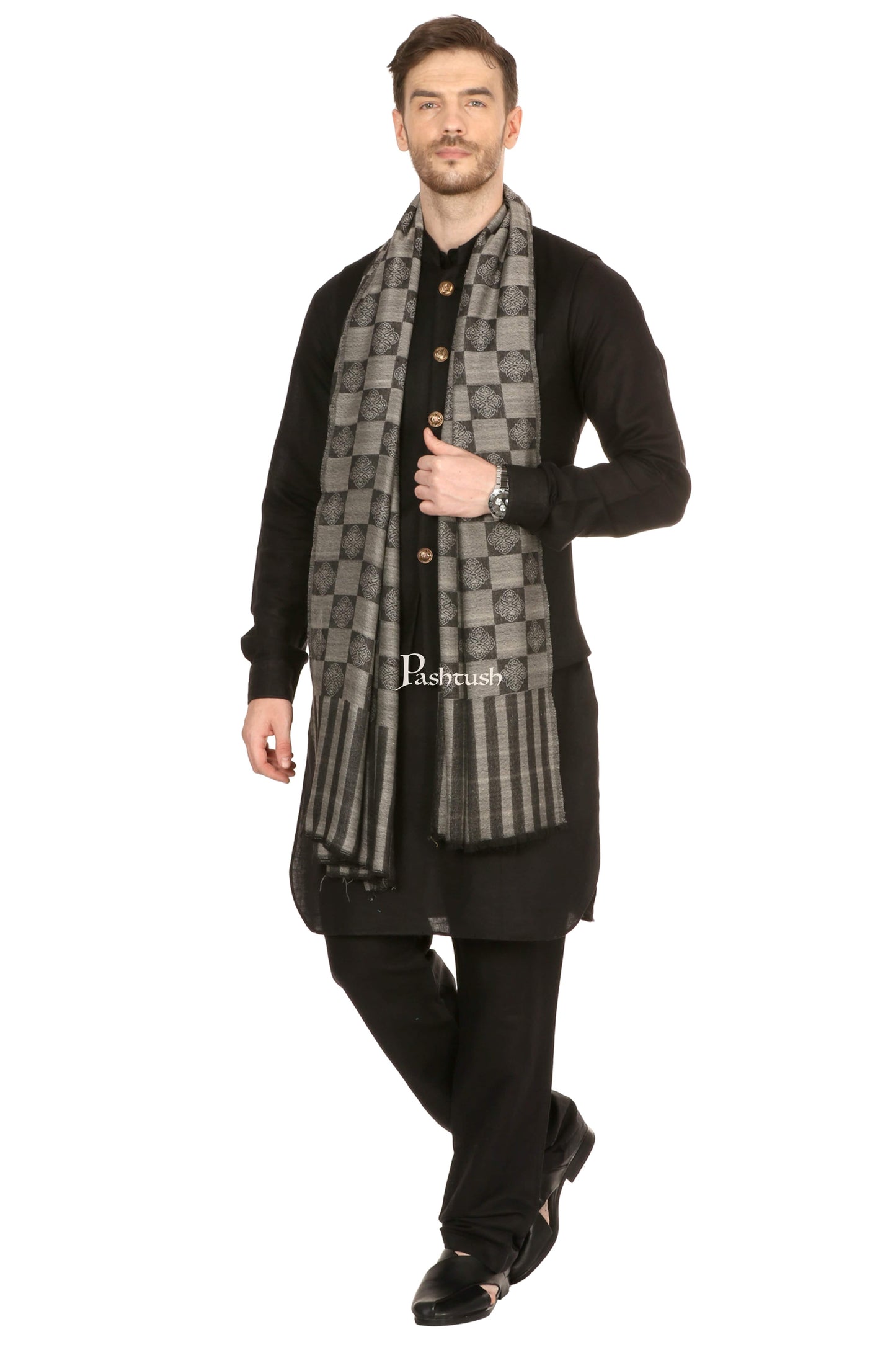 Pashtush India Mens Scarves Stoles and Mufflers Pashtush Mens Reversible Stole, Checkered Design - Black